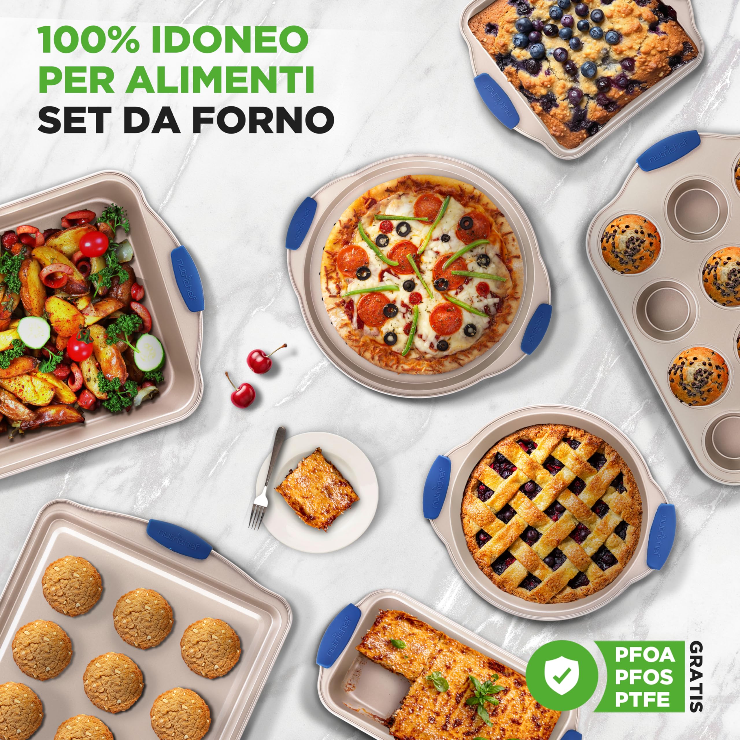 NutriChef Set 10 Pezzi Teglie Forno Antiaderenti in Acciaio al Carbonio con Manici in Silicone, Teglie da Forno per Pizza, Pane, Dolci, Torta, Biscotti, Stampo Muffin e Stampo Plumcake