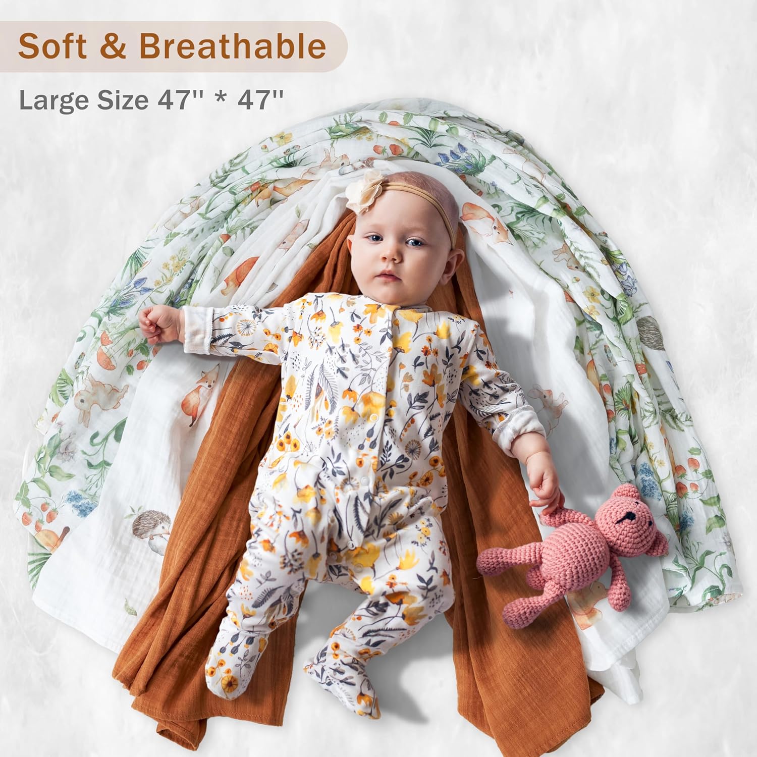 3-Pack 100% Cotton Muslin Swaddle Blankets, Large 47 x 47 Inches — Breathable Soft Receiving Blankets for Newborns, Swaddling Wraps, Registry Gift (Playful Forest Animals) - Image 5