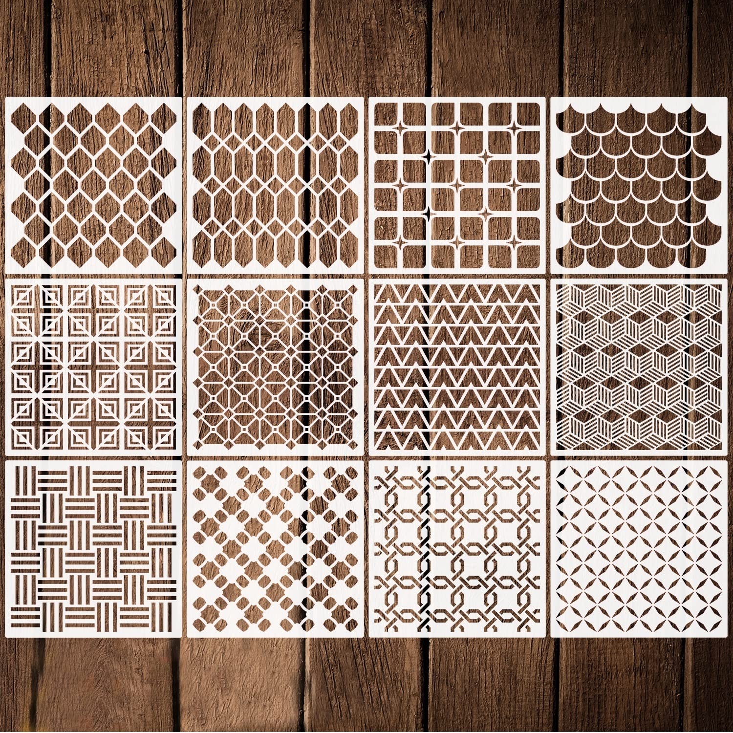 12 Pack Geometric Stencils 12 x 12 Inches Reusable Art Wall Templates Shape Pattern Stencils for Tile Wall Floor Furniture Canvas Decor