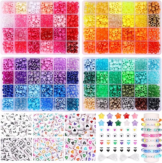 QUEFE 96 Colors 3000pcs Pony Beads Bracelet Making Kit Friendship Bracelet Kit Rainbow Kandi Beads with Letter and Heart Beads Elastic Threads for Jewelry Necklace Making