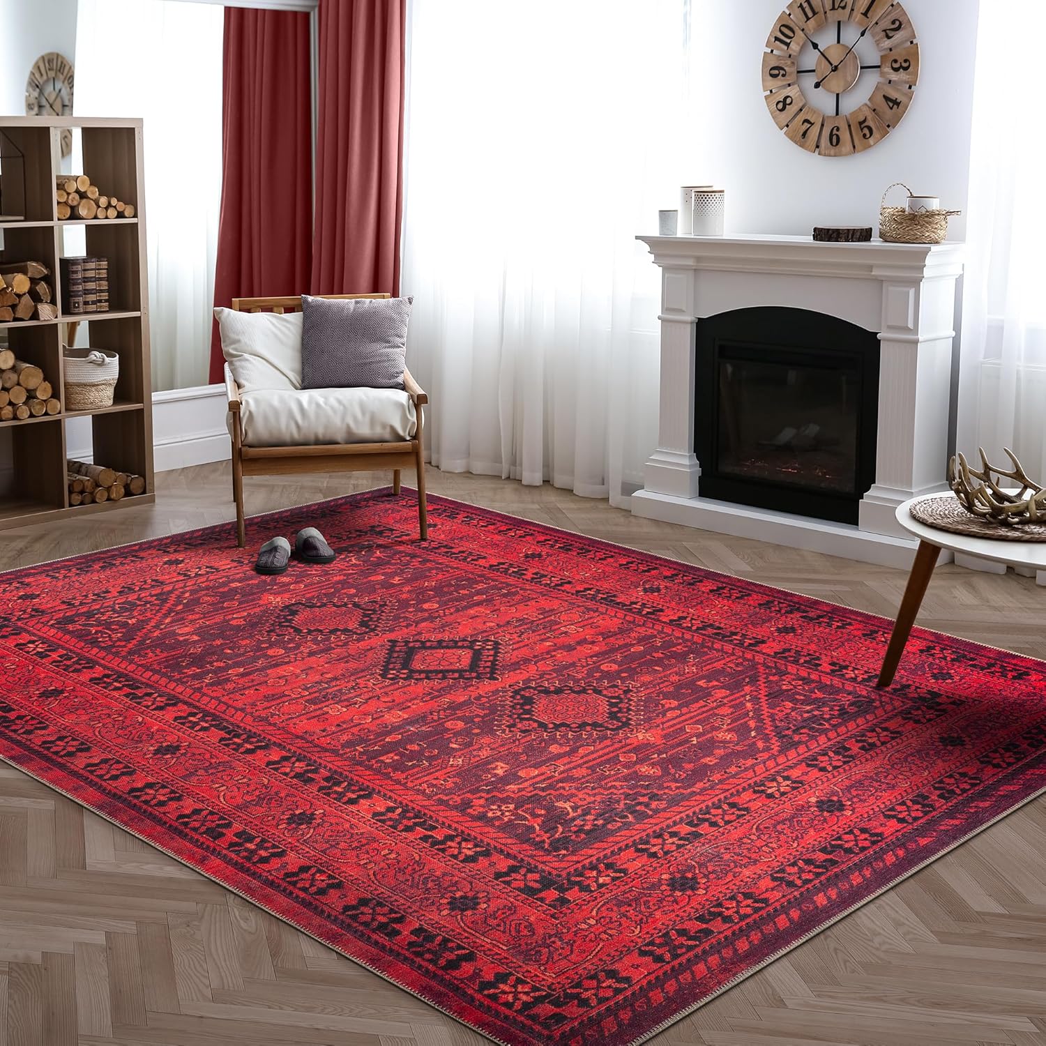 Bloom Rugs Washable Non-Slip 9' x 12' Rug - Red Traditional Bordered Area Rug for Living Room, Bedroom, Dining Room, and Kitchen - Exact Size: 9' x 12'
