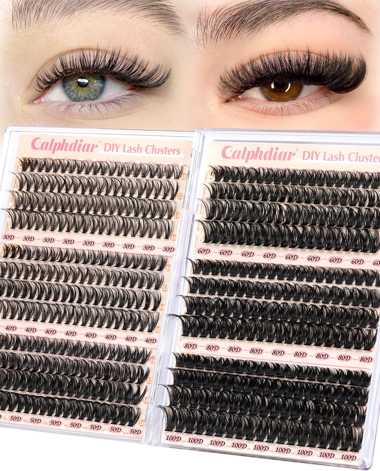Calphidar Eyelash Clusters 30D+40D+50D+60D+80D+100D, DIY Curly Wispy Individual Natural Lash Extension for Beginners, 476PCS D, 10-16MM