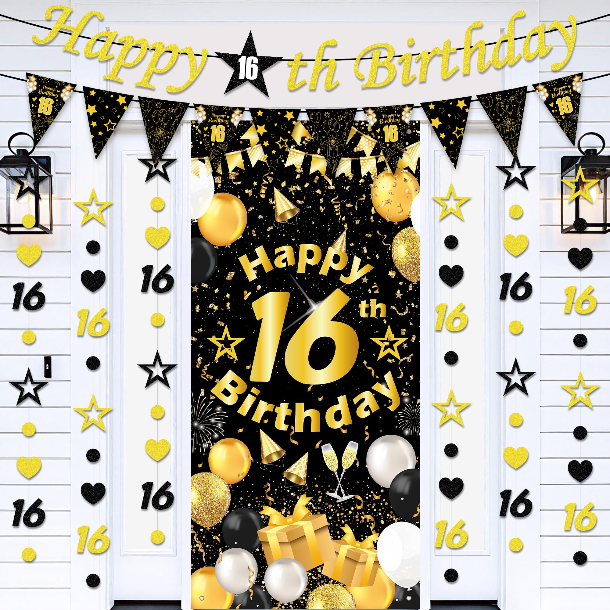 16th Birthday Decorations, Black Gold Party Supplies with Backdrop Banner and Hanging Decorations, Happy 16 Birthday Party Supplies for Boys Girls, Sweet 16 Celebration Decor
