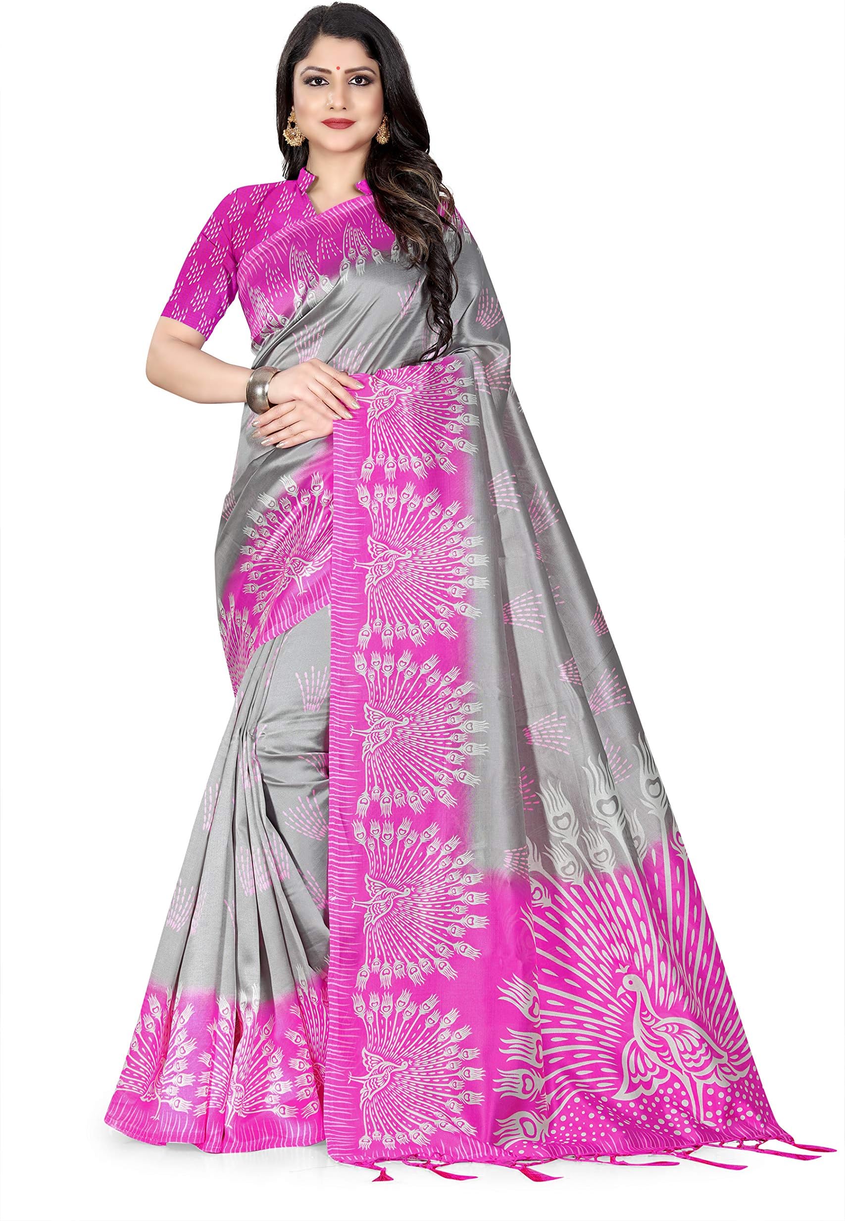The Fashion Outlets TFO Women's Raw Silk Printed Bhagalpuri Saree with Blouse Piece (heavy border in white and maroon 521, Grey, Pink)