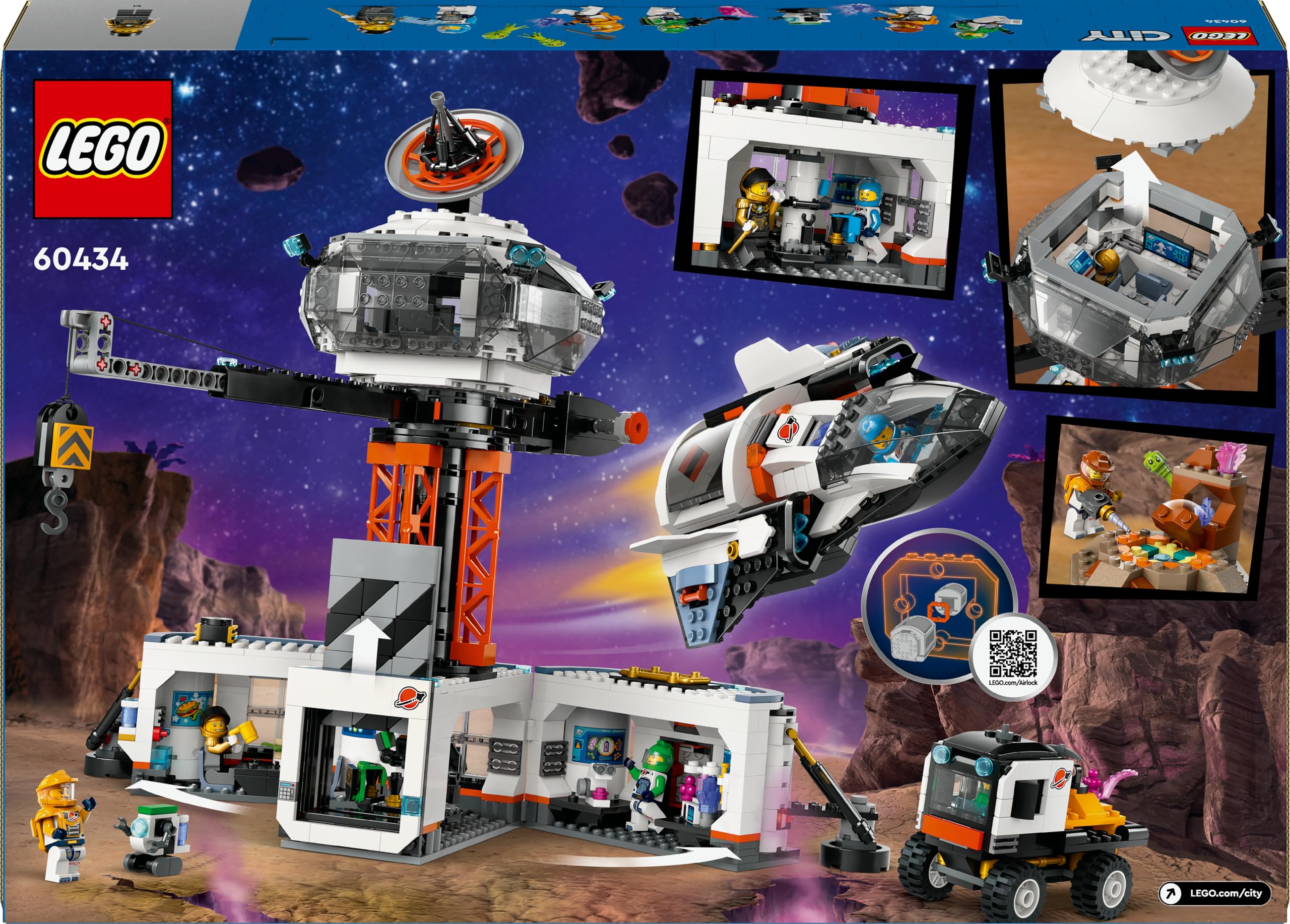 LEGO City Base Espacial y Plataforma de Lanzamiento, Juego de Exploración Planetaria, Regalo para Niños y Niñas de 8 Años o Más, 6 Minifiguras, Robot de Juguete y 2 Figuras de Acción de Aliens 60434