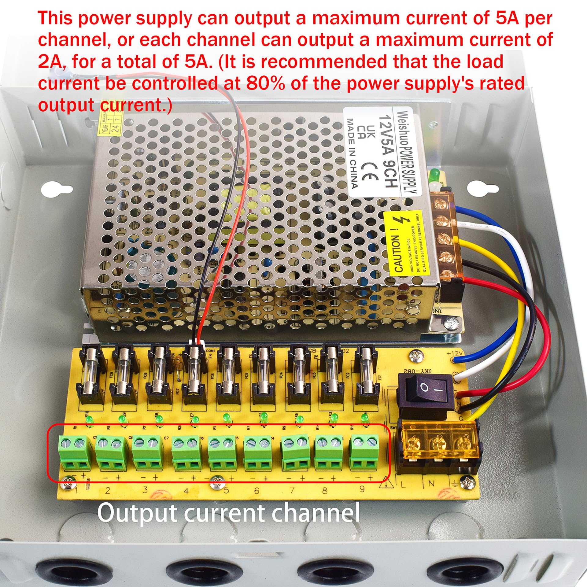 Alimentation 12V 5A 9 Canaux, 60W Boîtier d'alimentation CCTV, Alimentation Stabilisée pour Caméra de Surveillance/Boîte Lumineuse/Équipements Industriels, Boîtier Métallique Verrouillé