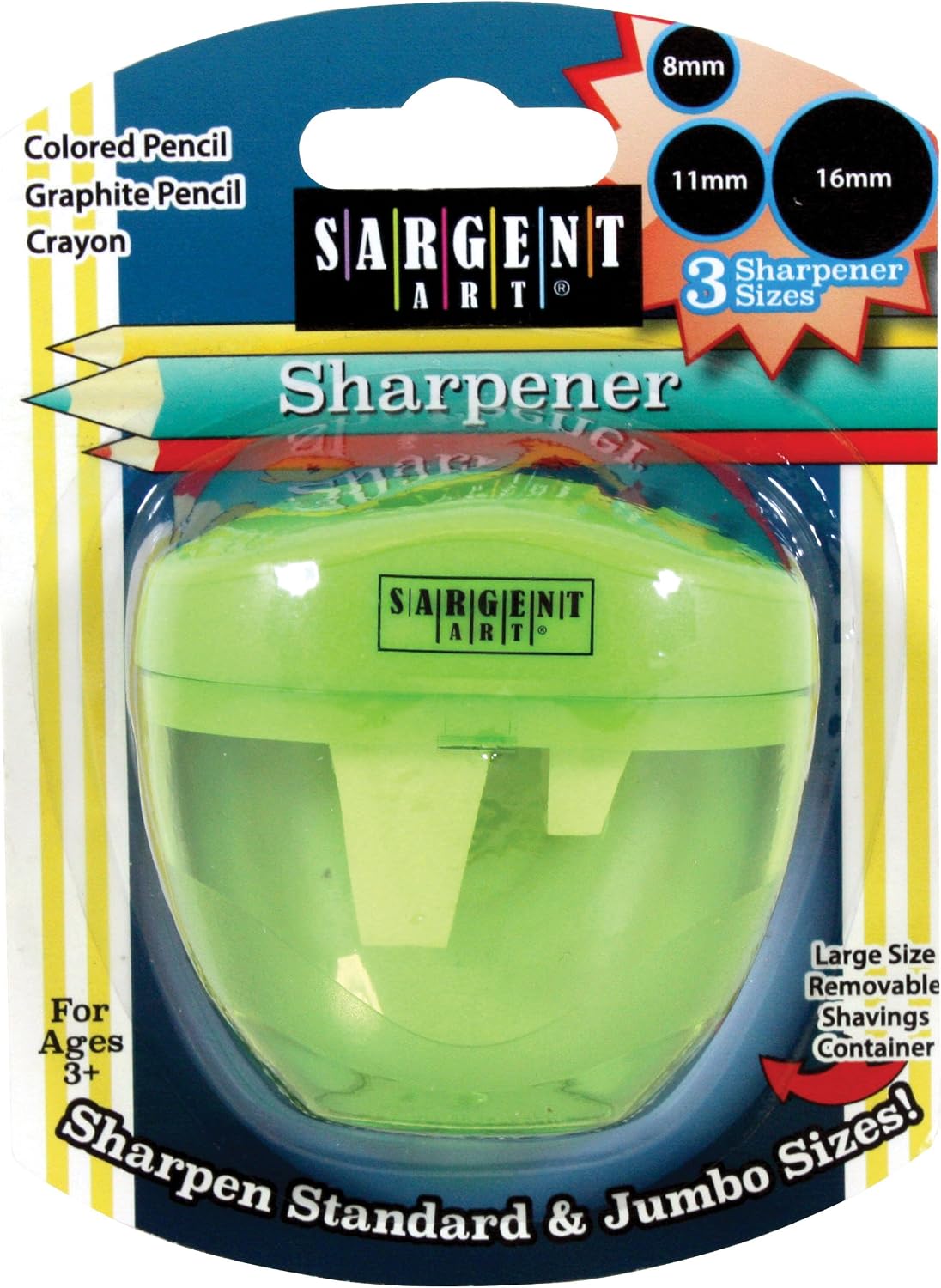 Sargent Art 3 Manual Hole Pencil Sharpeners - 3 Holes With Lid - Portable Colored Pencil Sharpener - Jumbo - Green - Easy Grip Oval Shape