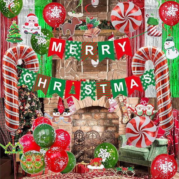 Christmas Decorations, Merry Christmas Decor Banner Hanging Swirls Candy Cane Balloons Tinsel Backdrop Glasses Frames for Indoor Outdoor Decorations