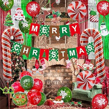 Christmas Decorations, Merry Christmas Decor Banner Hanging Swirls Candy Cane Balloons Tinsel Backdrop Glasses Frames for Indoor Outdoor Decorations