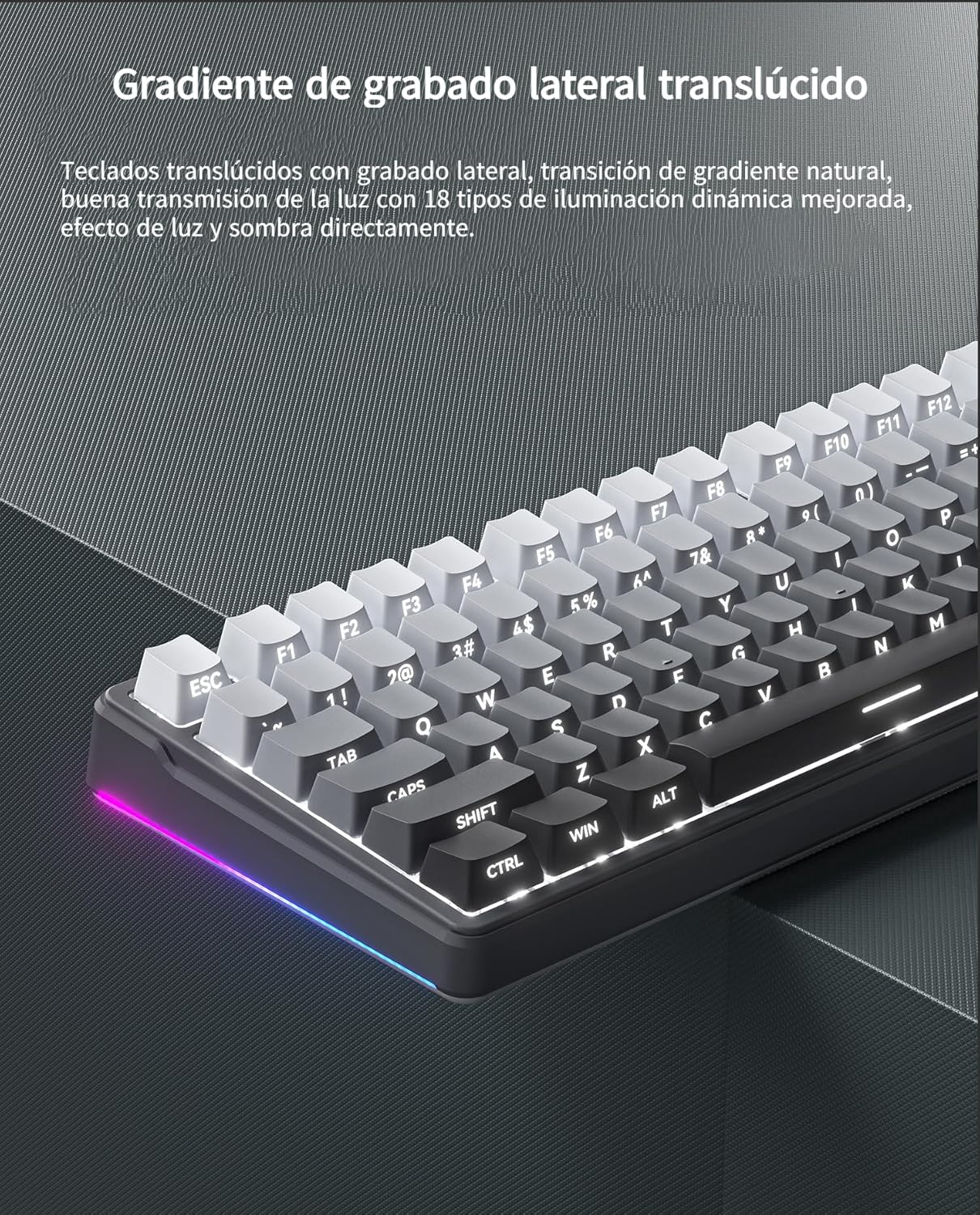 Close-up of keyboard showing gradient keycaps and dynamic lighting