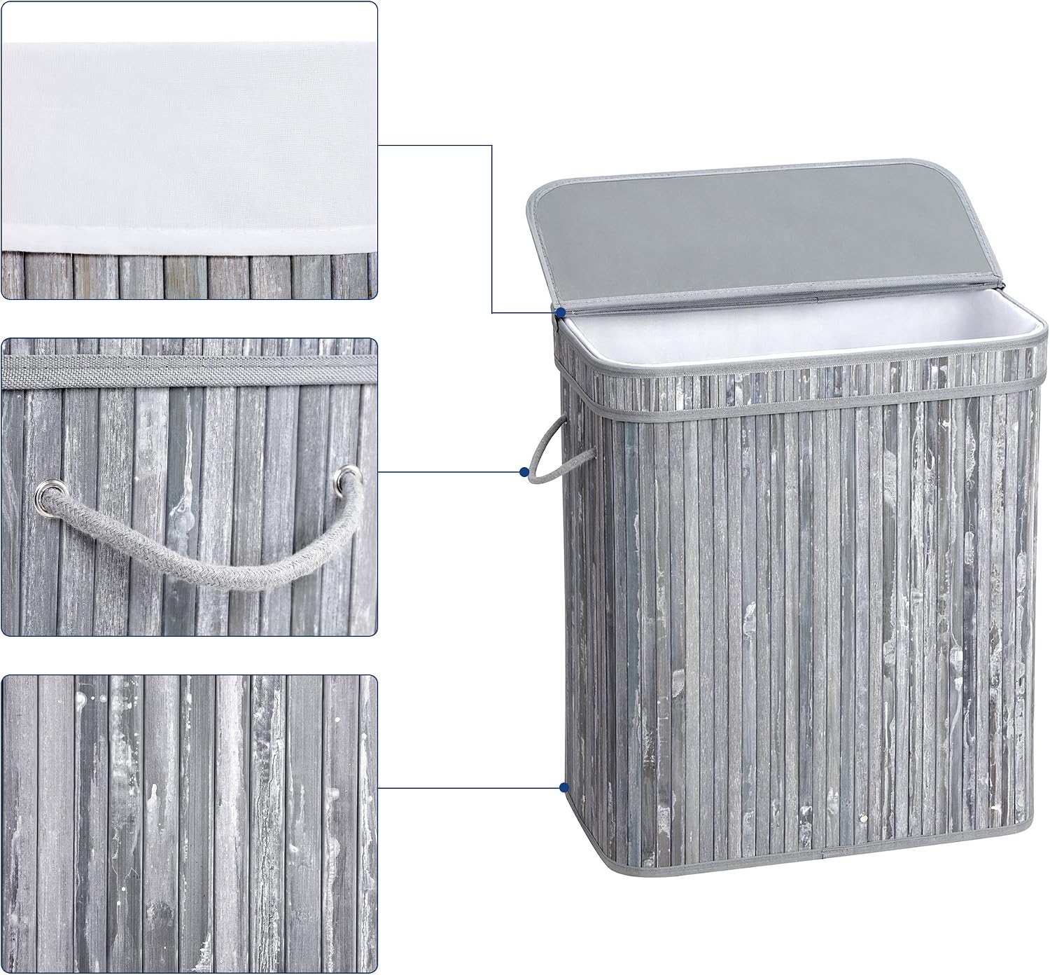 SONGMICS Bamboo Laundry Hamper, 100L Storage Basket Clothes Box with Removable Liner, Gray ULCB63GW
