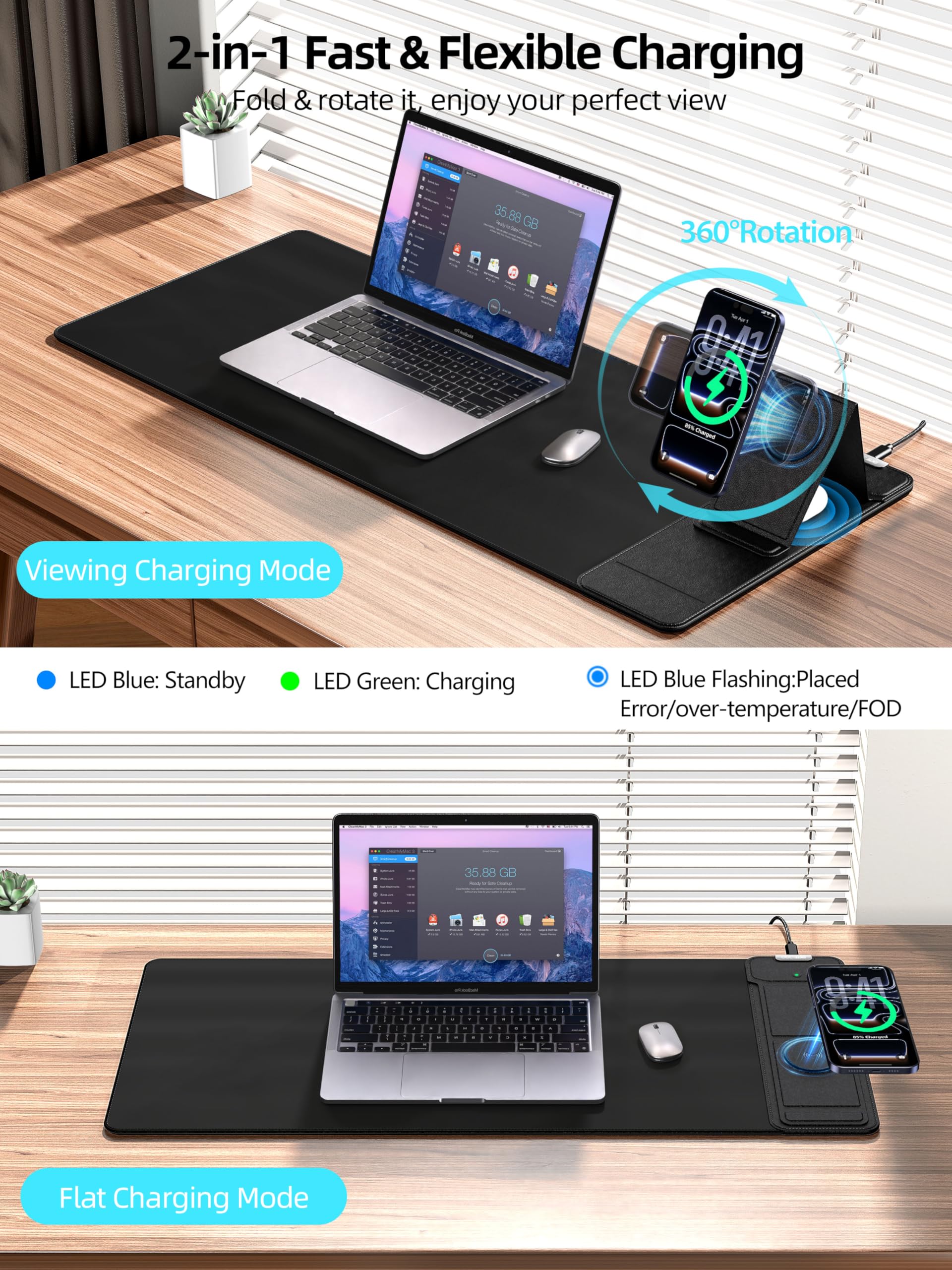 Tappetino per mouse con caricabatterie wireless magnetico e supporto regolabile per telefono, tappetino da scrivania esteso da 70 x 30 cm, tappetino per tastiera impermeabile ultra liscio, base