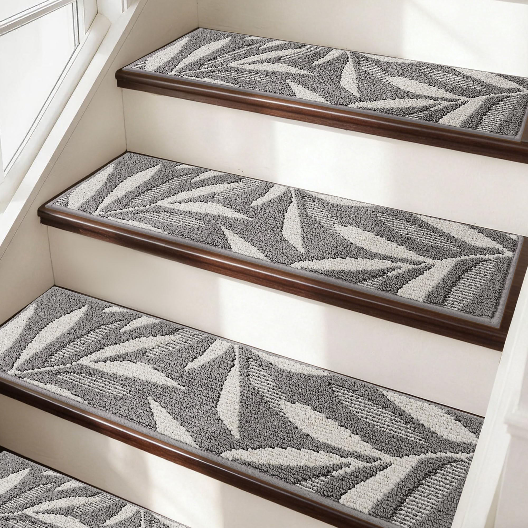 JSEI tappeti per Scale Antiscivolo con Motivo a Foglie, 4 Pezzi, 22 x 71 cm, Lavabili e autoadesivi, Grigio