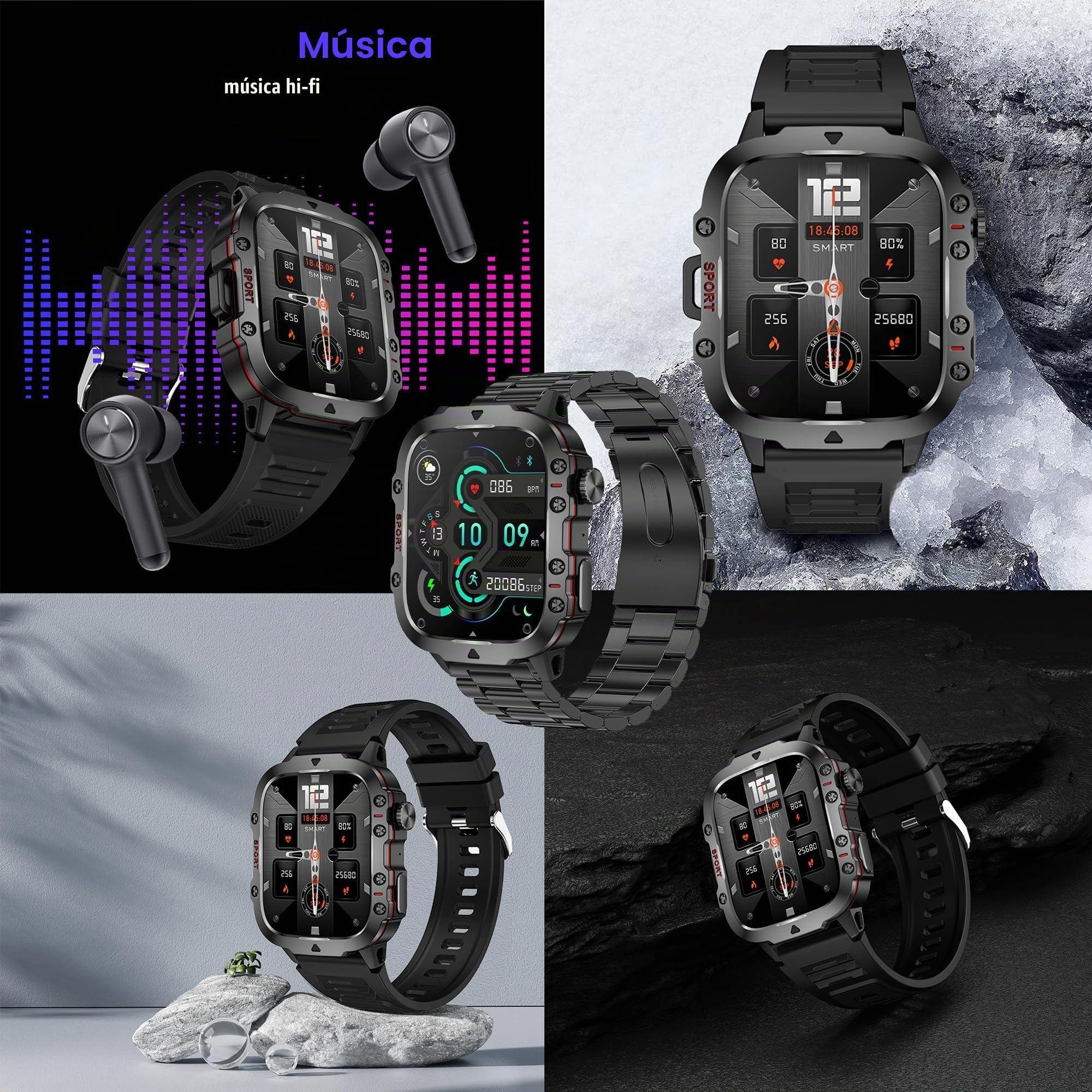 1,96" AMOLED Reloj Inteligente Hombre con Llamada y Whatsapp, 5ATM Impermeable Reloj Smartwatch 123 Deportivo Hombre con Monitor Sueño, Podómetro, Oxígeno Sanguíneo, Pulsómetro Android iOS (Negro)