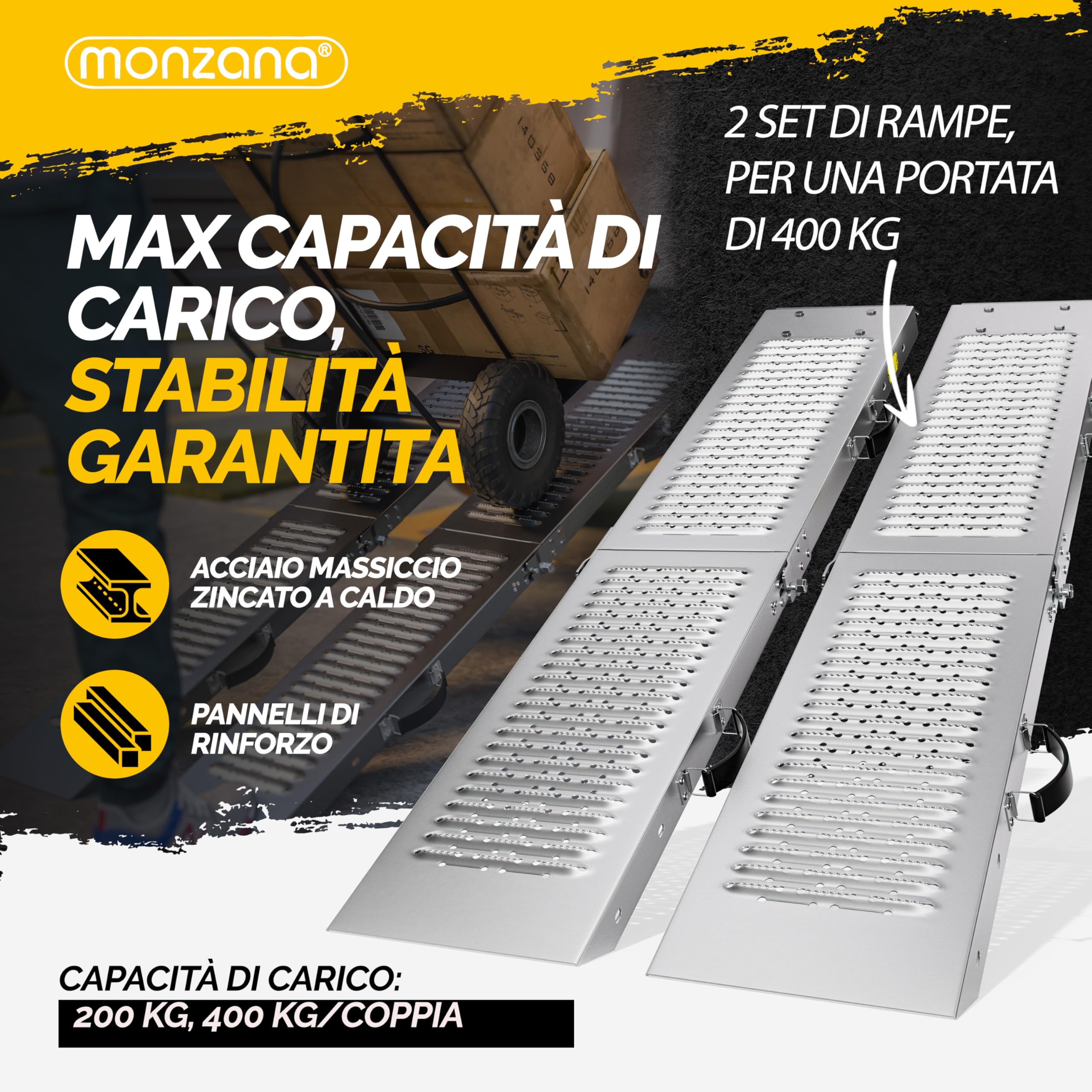 Monzana 2x Rampa di Carico Pieghevole Max. 400kg Acciaio Zincato Antiscivolo Pedane Moto Quad