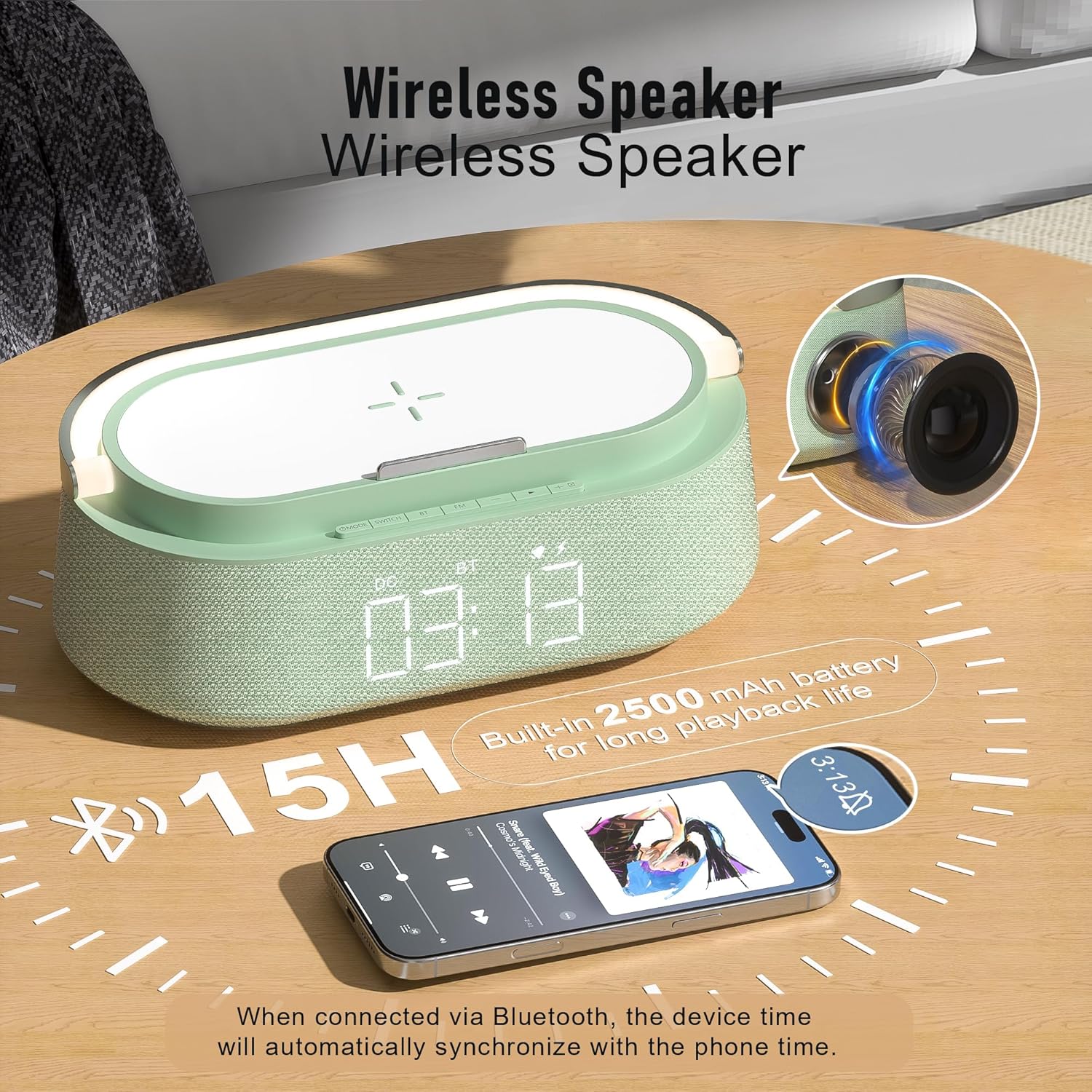 FREEFISH Bluetooth Speaker with Fast Wireless Charger,FM Radio,Touch LED Night Light,Phone Holder,Snooze, Portable Wireless Speaker for Bedrooms Office Home, Gifts
