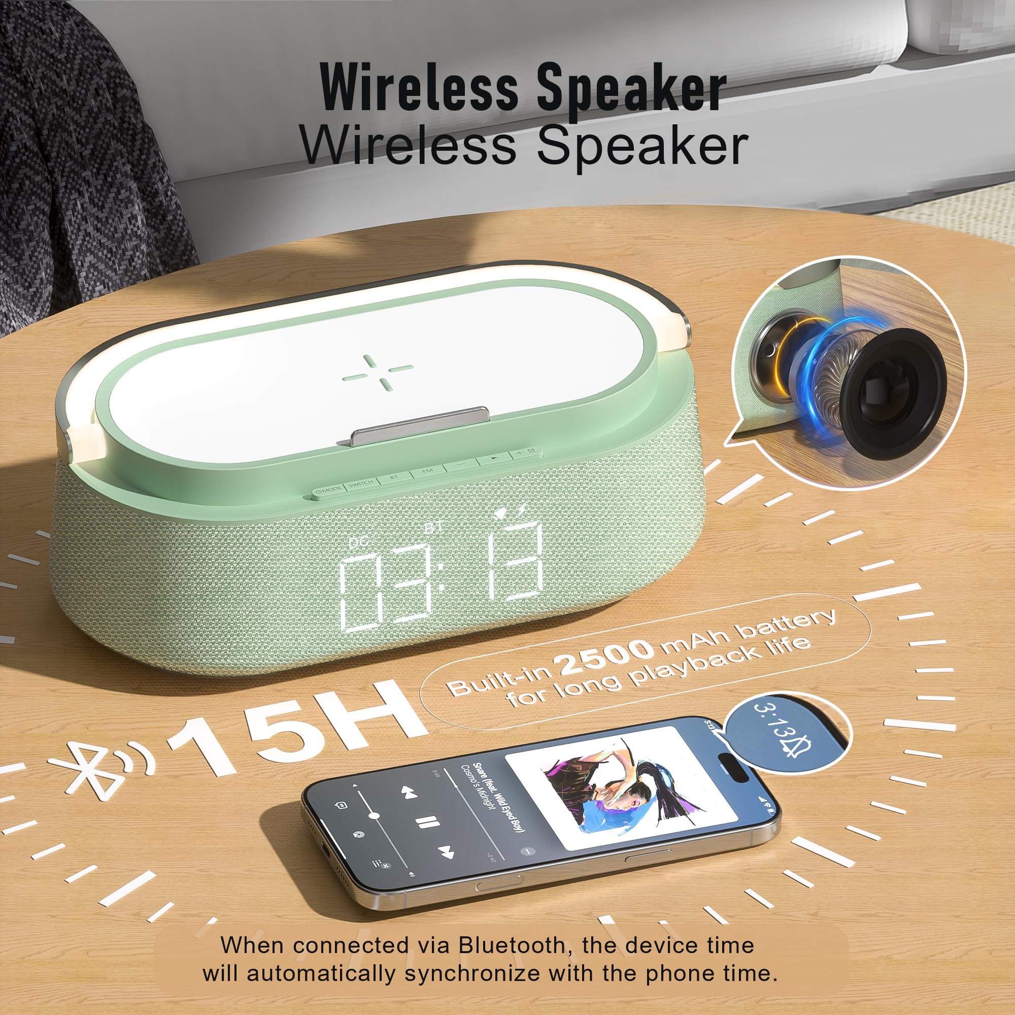 FREEFISH Sveglia con altoparlante Bluetooth con caricabatterie wireless veloce da 15 W, radio FM, luce notturna a LED, orologio di ricarica wireless per camere da letto, ufficio, casa, regali