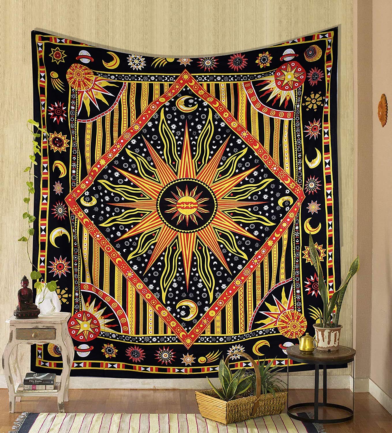THE ART BOX Burning Sun Tapestry Tie Dye Celestial Poster Aesthetic Bedroom Tapestrys Moon Star Tarot Cotton Wall Hanging Boho Hippie Dorm Decor Beach Coverlet Curtain Blanket - Yellow 54"X60"