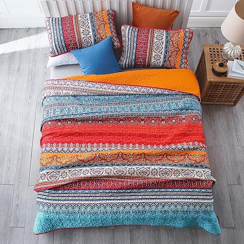 Miniatura 3 de Juego de edredón bohemio tamaño individual, juego de edredón bohemio a rayas naranja y azul, juego de 3 piezas de microfibra suave y ligera, juego
