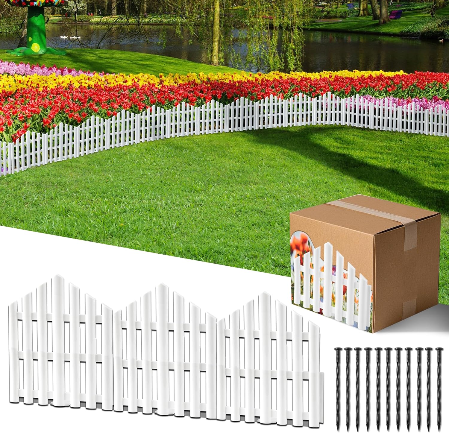 Garden Edging Border No-Dig 13FT White 14.6 Inch Tall Landscape Edging with 14pcs Stakes for Decorate The Garden