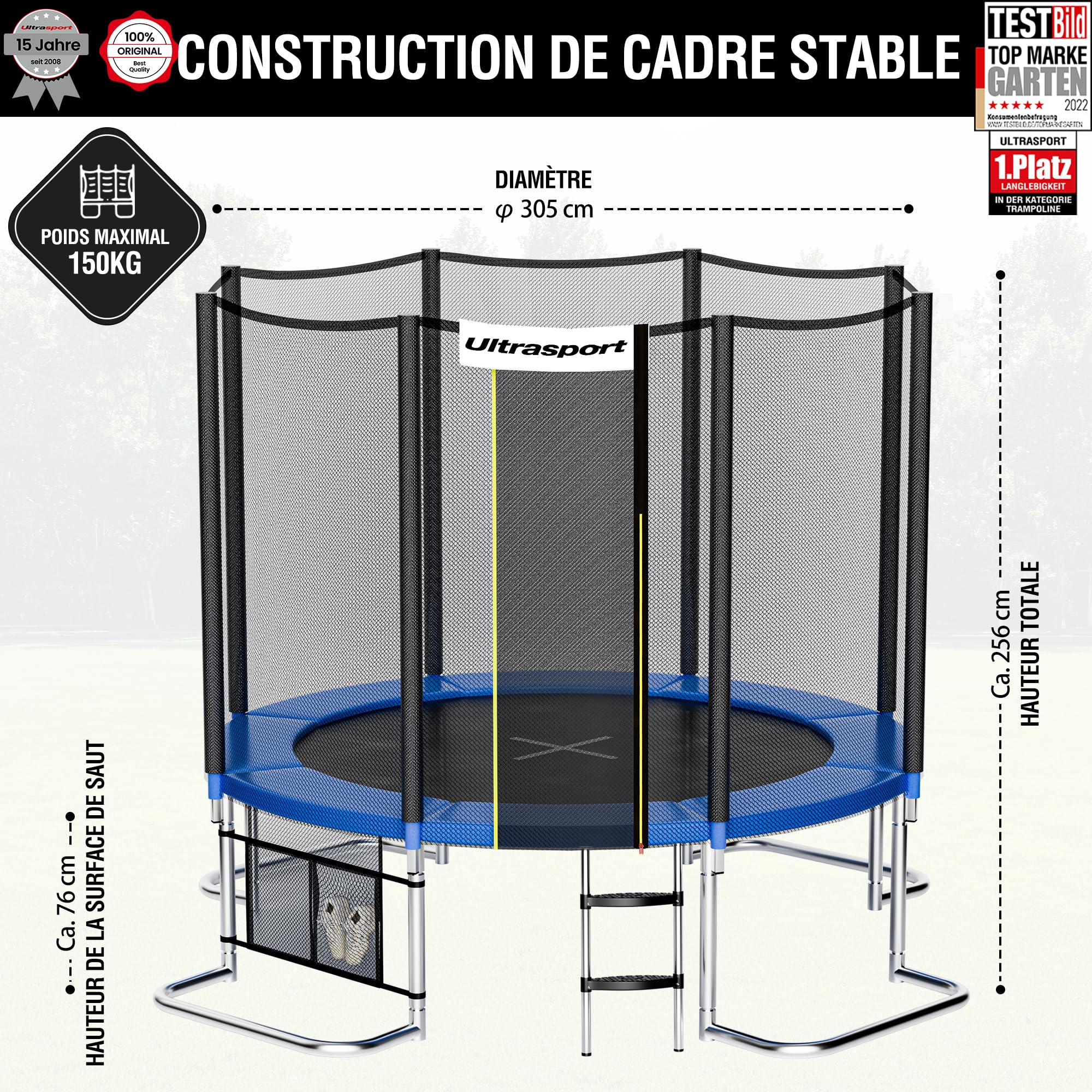 Ultrasport Trampoline de Jardin Jumper, Set Complet pour Trampoline avec Tapis de Saut, Filet de sécurité, Barres du Filet rembourrées et revêtement pour Les Bords