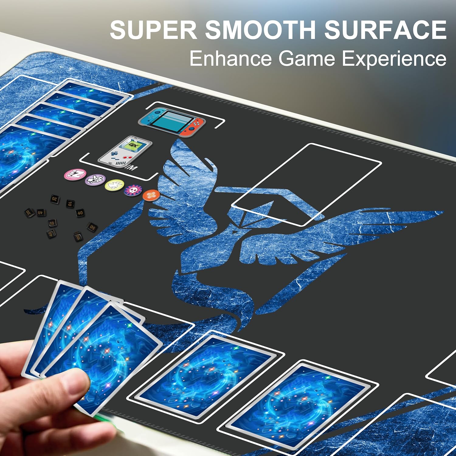 24×14 PTCG Playmat Set with 22-Piece Damage Counters and Professional Storage Bag - Premium Game Mat (Blue)