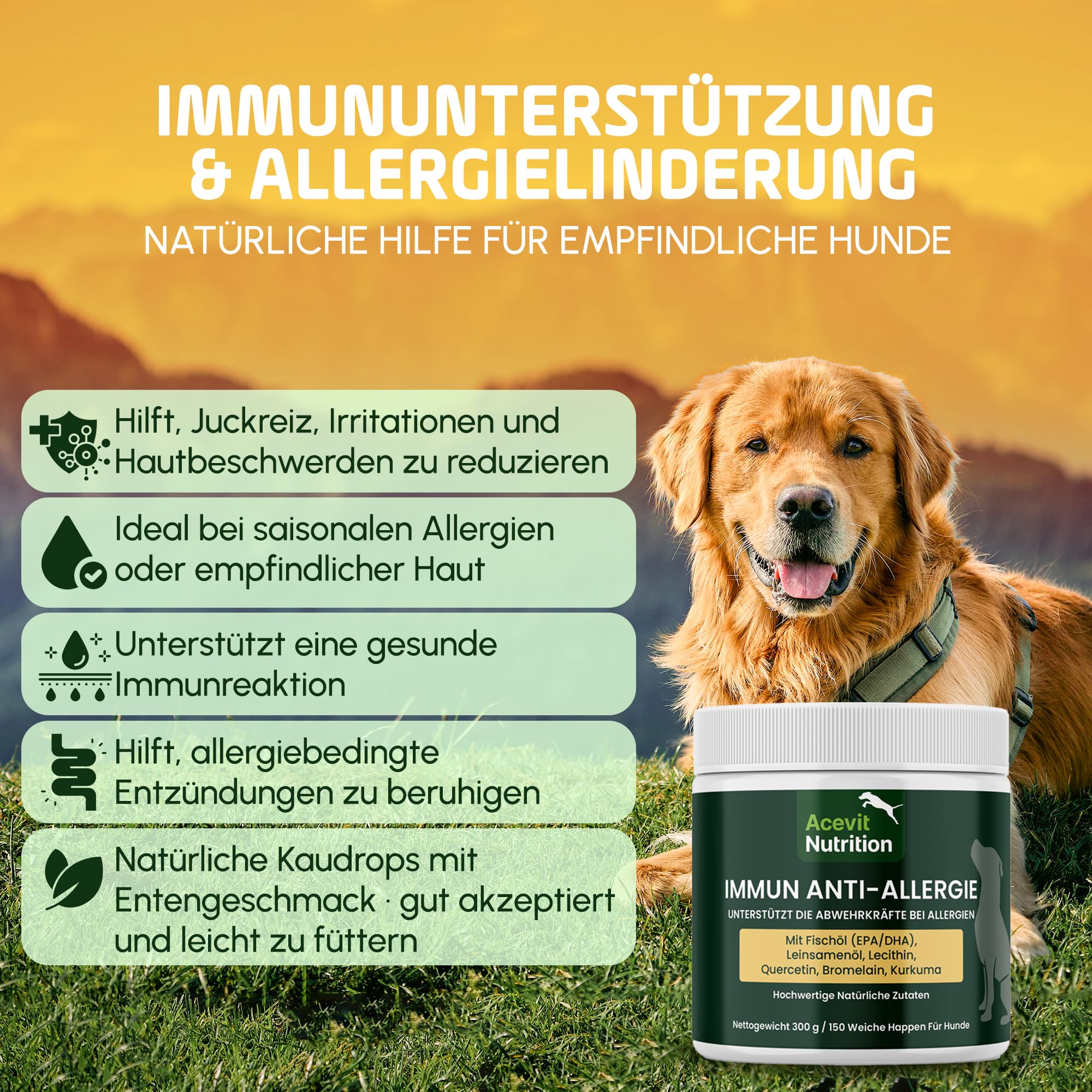 Anti Allergie Hund, 150 Leckere Snacks 100% Natürlich – Unterstützt Immunsystem & Haut – Hilft bei Juckreiz, Hautreizungen & allergiebedingtem Kratzen – Mit Quercetin & Omega 3 | Acevit Nutrition