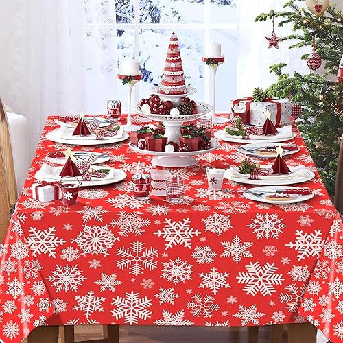 Miniatura 6 de Juego de 3 piezas de mantel de plástico navideño de 54 x 108 pulgadas con base roja, diseño de copos de nieve blancos, mantel rectangular desechable