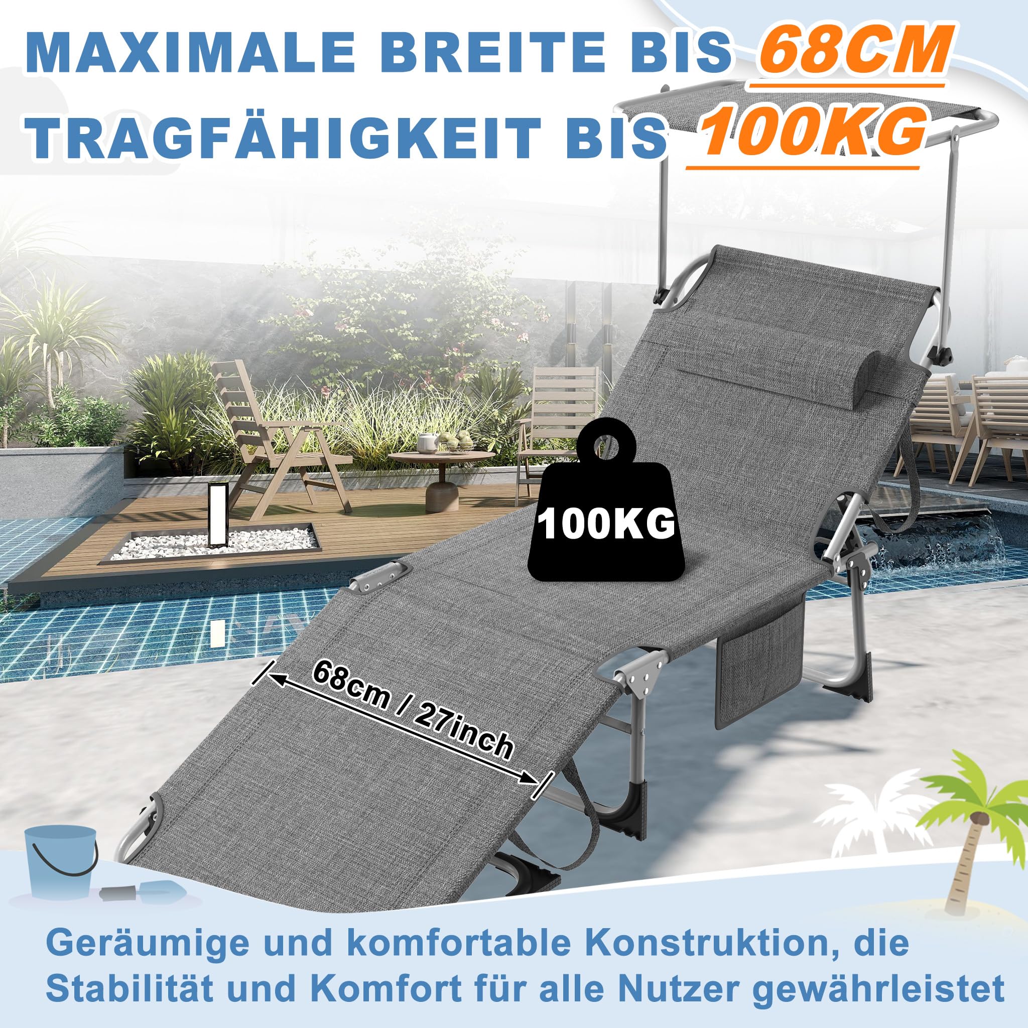 FIVMEN Sonnenliege mit Dach Strandliege Gartenliege Klappbar mit Kopfkissen & Seitentasche & Verstellbare Rückenlehne Sonnenschutz Liegestuhl Gartenstuhl Relaxliege für Strand Garten, Grau