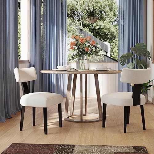 Miniatura 11 de Juego de 4 sillas de comedor tapizadas modernas, con respaldo medio, sillas de comedor y cocina color beige granja, sillas laterales sin brazos de