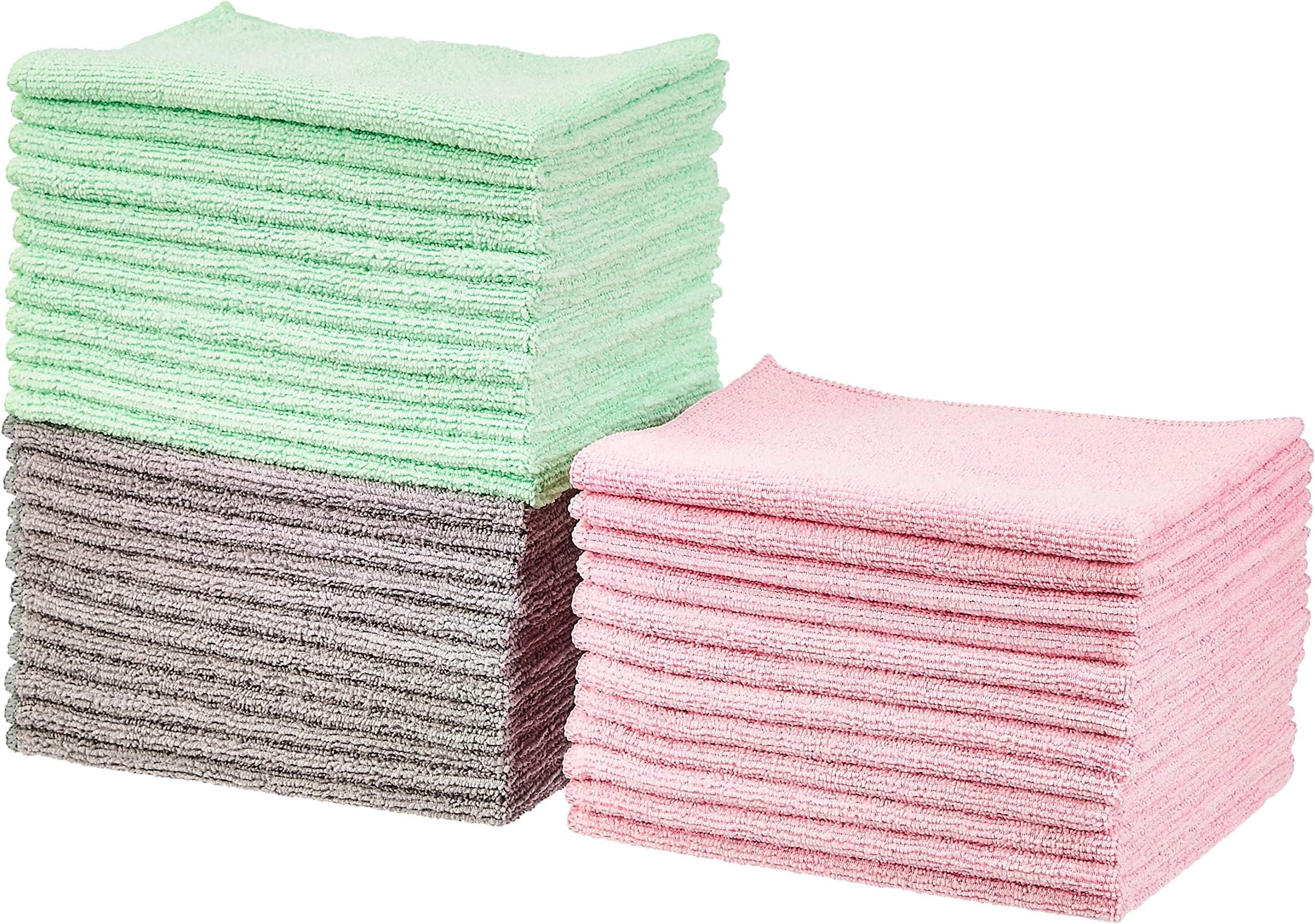 Amazon Basics Microfiber Cleaning Cloths, Ultra Absorbent, Scratch Free, Non-Abrasive, Reusable and Washable, All-Purpose, Car Detailing, 16" x 12", Green/Gray/Pink, 36-Pack
