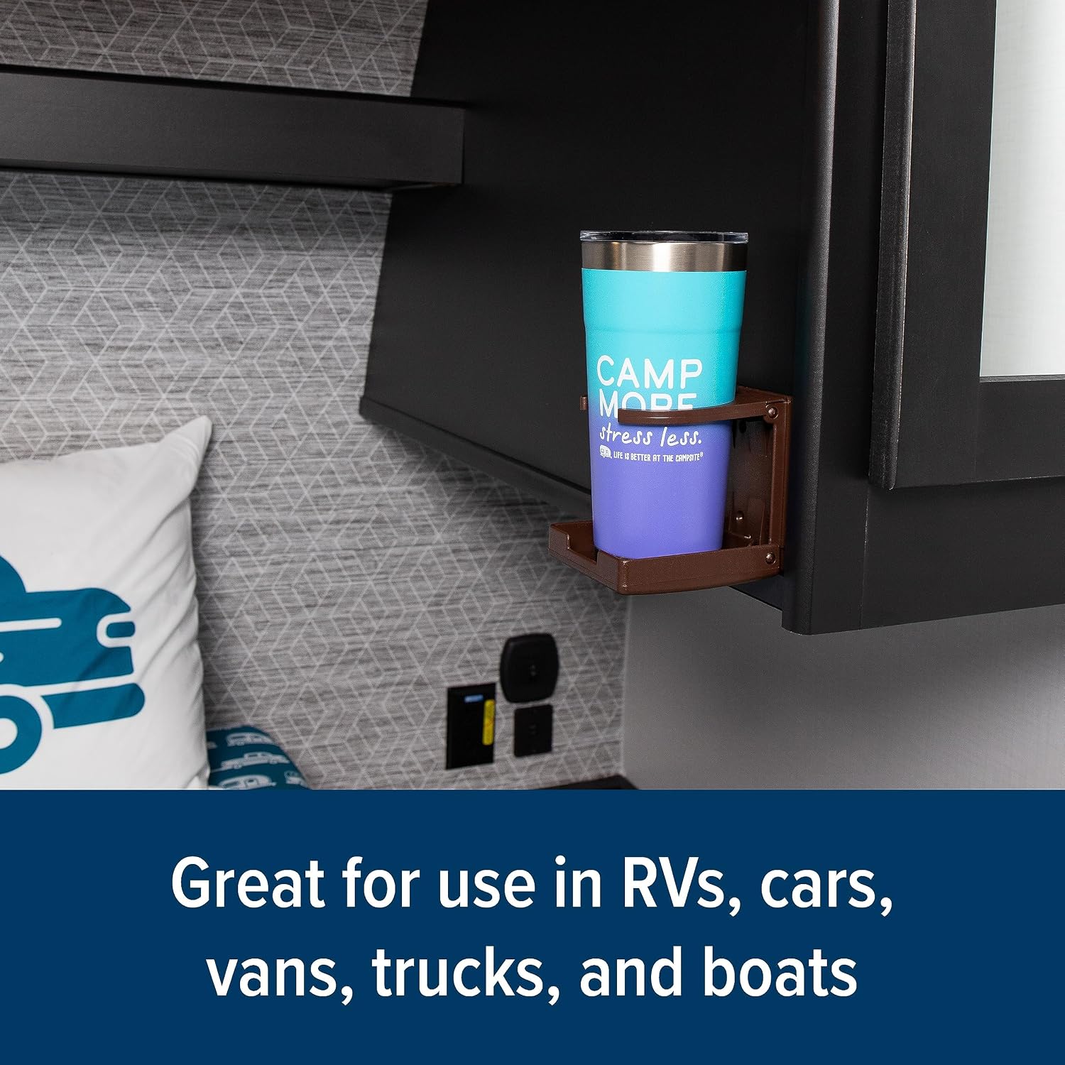 Camco Camper/RV Drink Holder - Features Adjustable Space-Saving Design & Holds Almost Any Size Mug, Cup, Bottle or Can - Extra Cup Holder for Cars, Trucks, RVs, Vans, Boats, and More - Brown (44043)