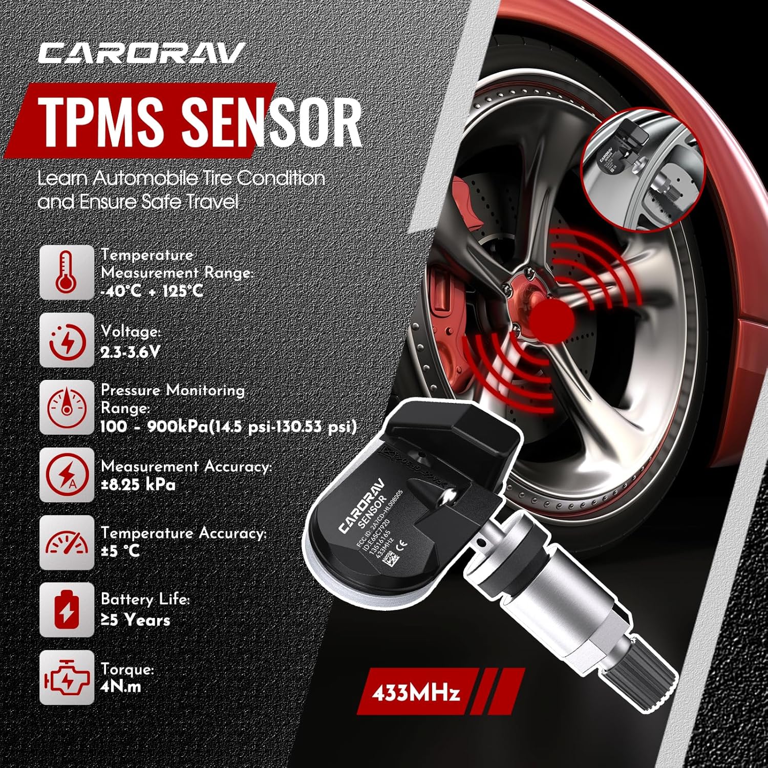 GM TPMS Sensor, 433Mhz Tire Pressure Monitoring System Sensor fit for Chevy GMC Cadillac Buick, Silverado Camaro Colorado Cruze Malibu Tahoe Terrain Yukon Lacrosse, 4 Pack