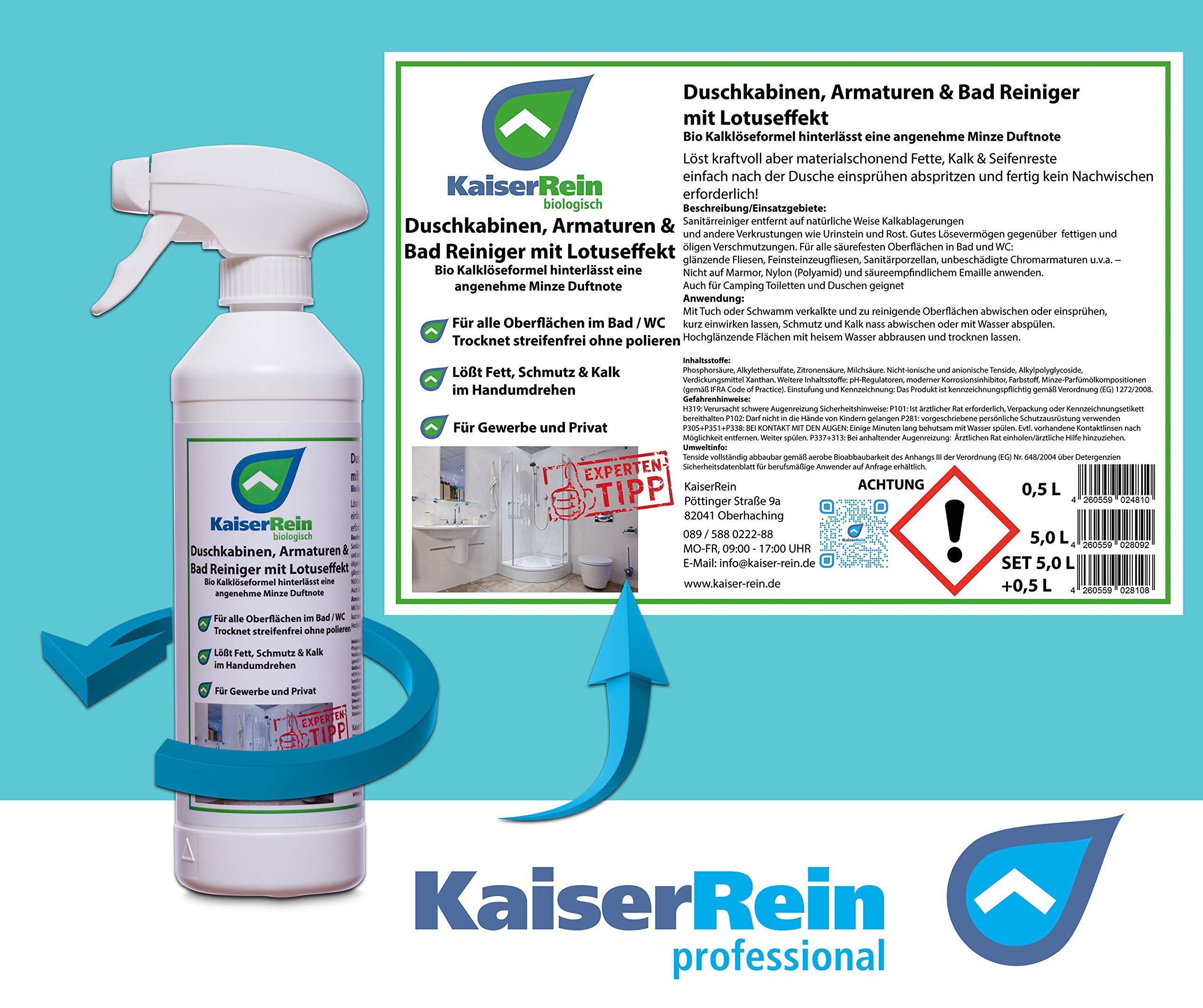 KaiserRein Bio Duschkabinenreiniger mit Lotuseffekt/Abperleffekt 5 L Nachfüll-Kanister für die einfache Reinigung nach jeder Benutzung ohne nachwischen streifen freies abtrocknen