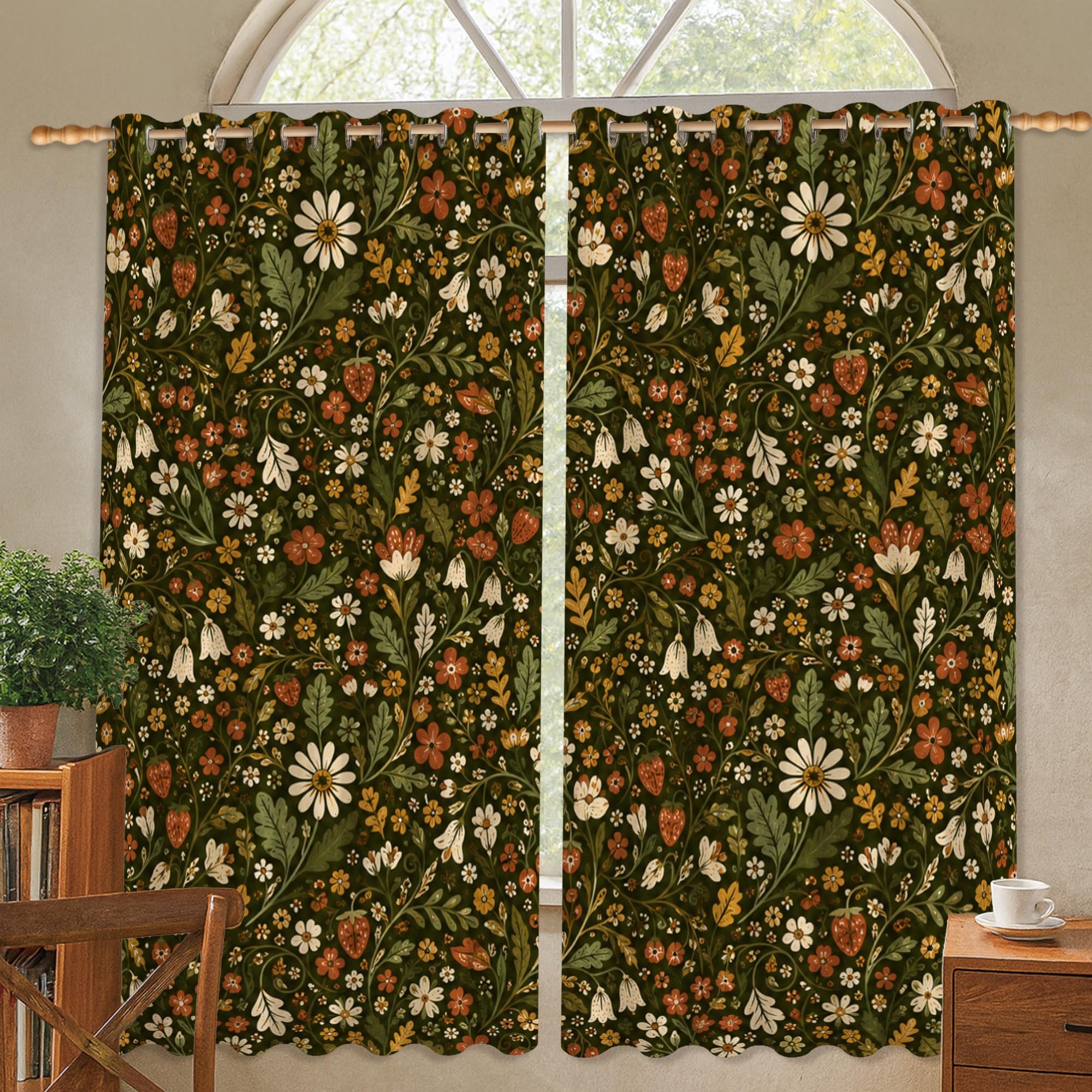 Rideaux occultants vintage fleurs vert automne lavables 106,7x114,3 cm