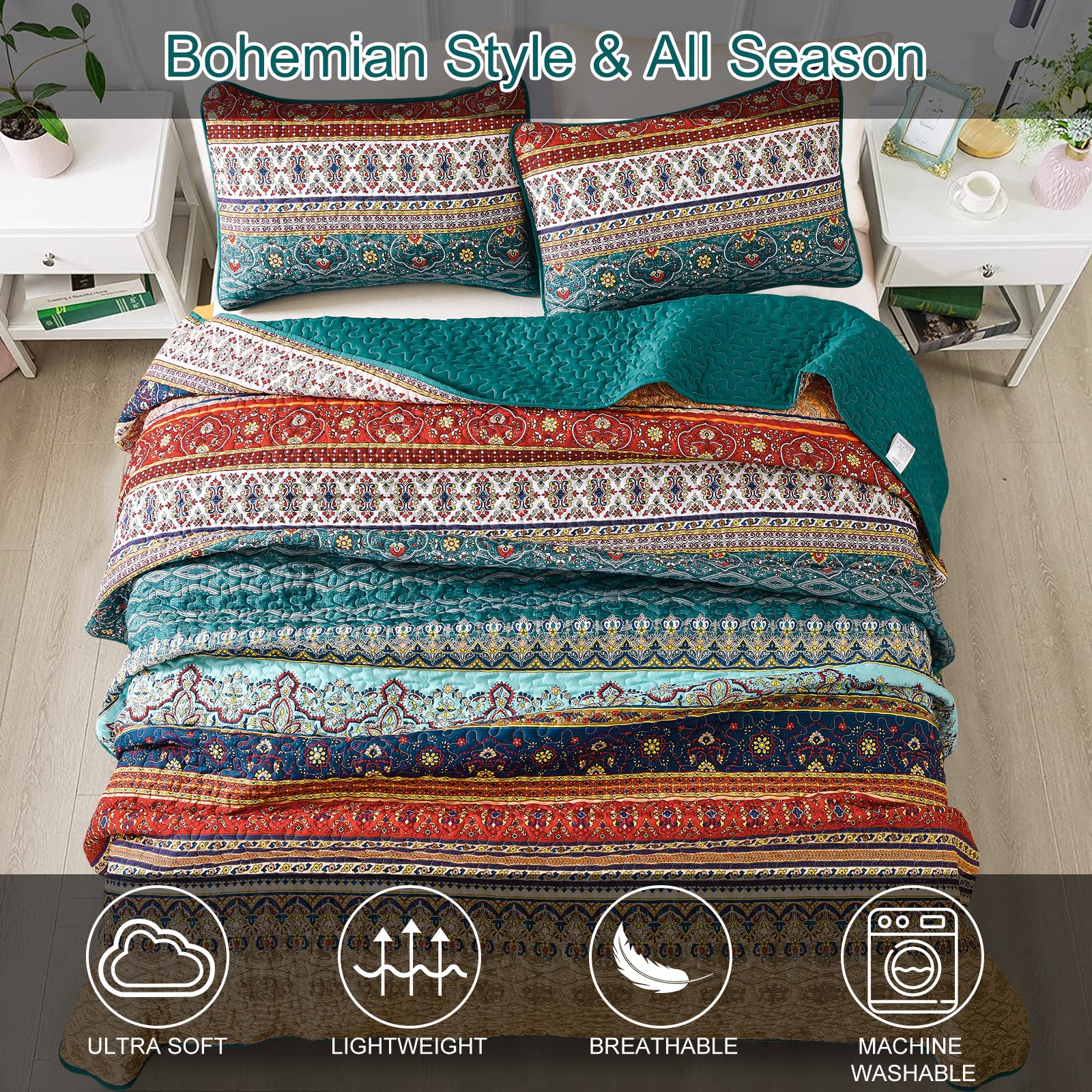 Copriletto Bohémien 220x240cm - Set 3 Pezzi In Microfibra Con Federe, Marrone - Foto 2