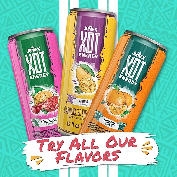 Jumex XOT Energy Drink - Fruit Punch - Natural Caffeine from Mexican Coffee Beans - Carbonated Preworkout with Vitamin B2, B3, B5, B12 - Mexican Drinks - Bebidas Energeticas - 12 Fl oz, 12 Pack Cans