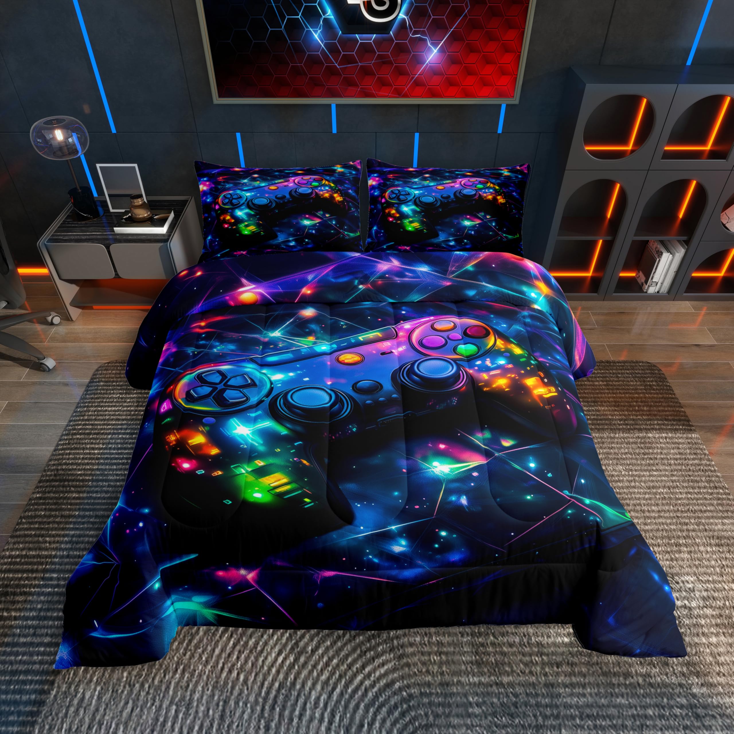 Feelyou Kids Gamer Comforter Set Twin Size, Galaxy Gaming Bedding Set Glitter Game Comforter Boys Girls Gamepad Teens Duvet Set Bedroom Decor Bed Set
