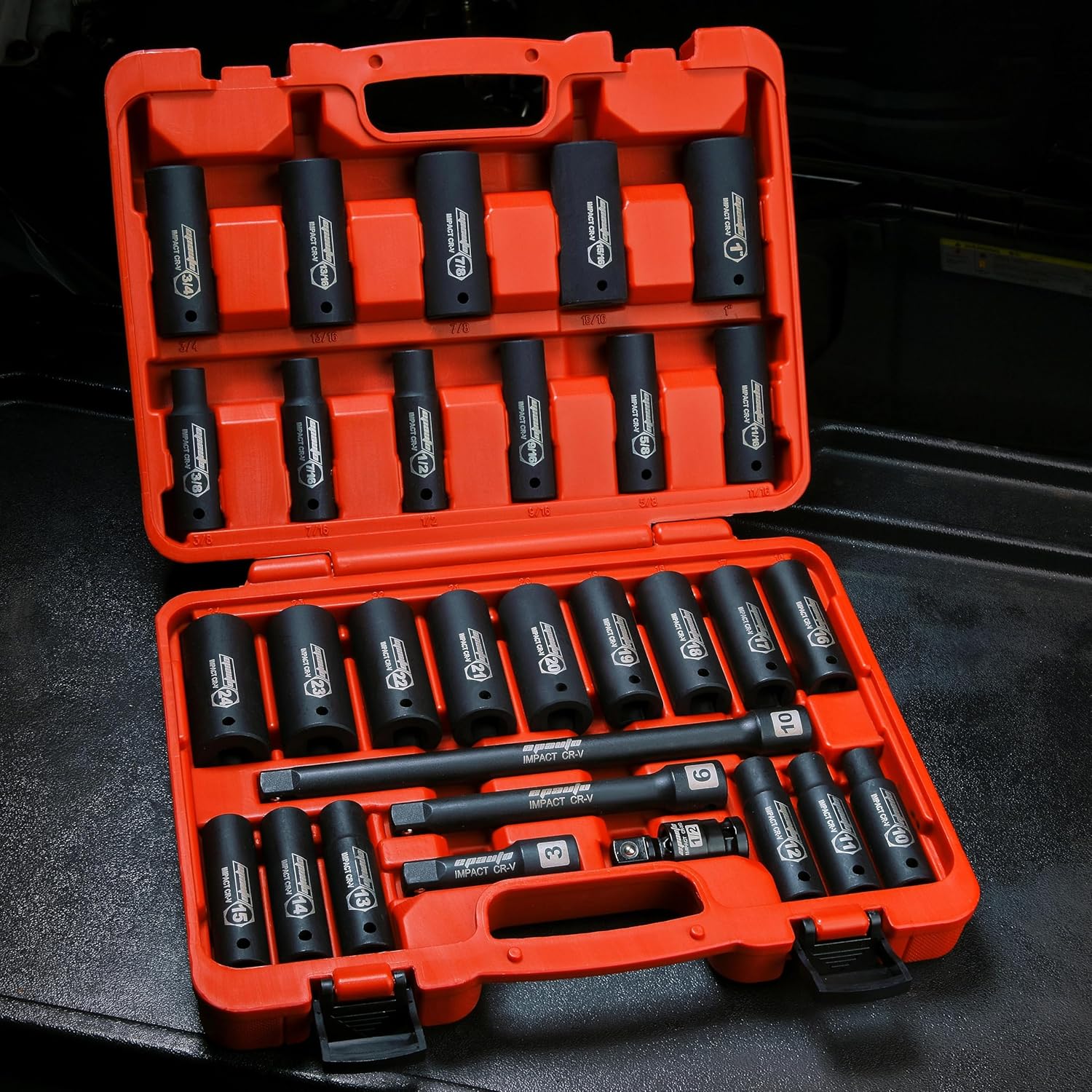 EPAuto 1/2-Inch Drive SAE (3/8-1 inch) | Metric (10-24 mm) Deep Impact Socket Set | Extension Bar | Universal Joint, Cr-V, 6 Points, 30 Pieces