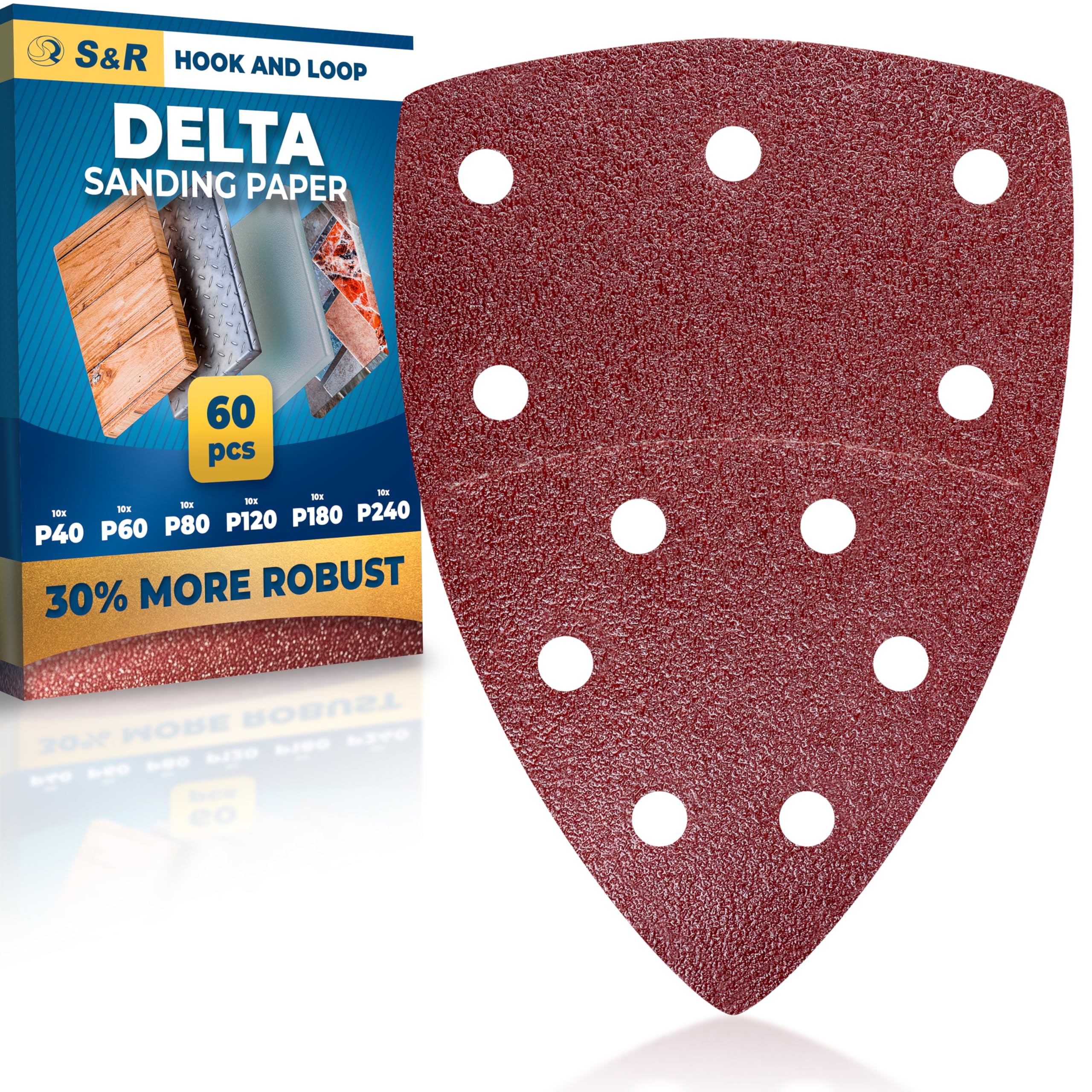 S&R Zestaw papierów ściernych na rzepy 105 mm x 152 mm (93 x 93 x 93 mm), 60 szt. profesjonalnej jakości trójkątów szlifierskich, 11 otworów: 10*P40, 10*P60, 10*P80, 10*P120, 10*P180, 10*P240