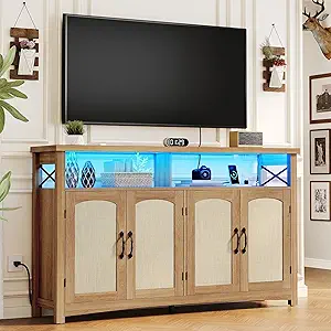 DWVO Farmhouse TV Stand for Living Room, 35.4" Tall Rattan Entertainmenr Center w/2-door Cabinet, Rustic Wood Buffet Cabinets, Boho Media Console Table with LED Lights for 45/50/55/60 Inch TV (Oak)