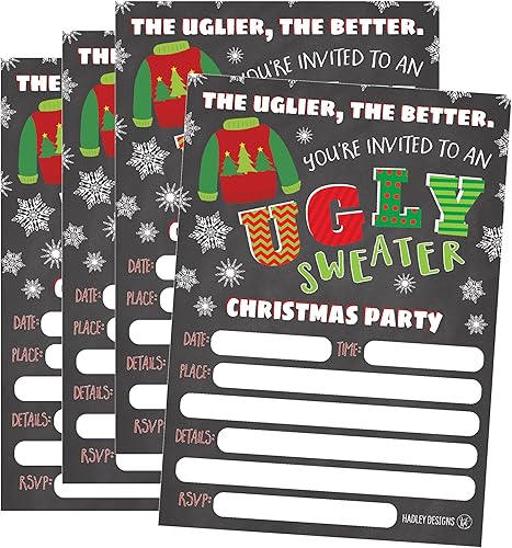 Hadley Designs 25 Invitaciones para fiestas navideñas de suéter feo, invitación de cena de Navidad, ideas de tarjetas temáticas para eventos