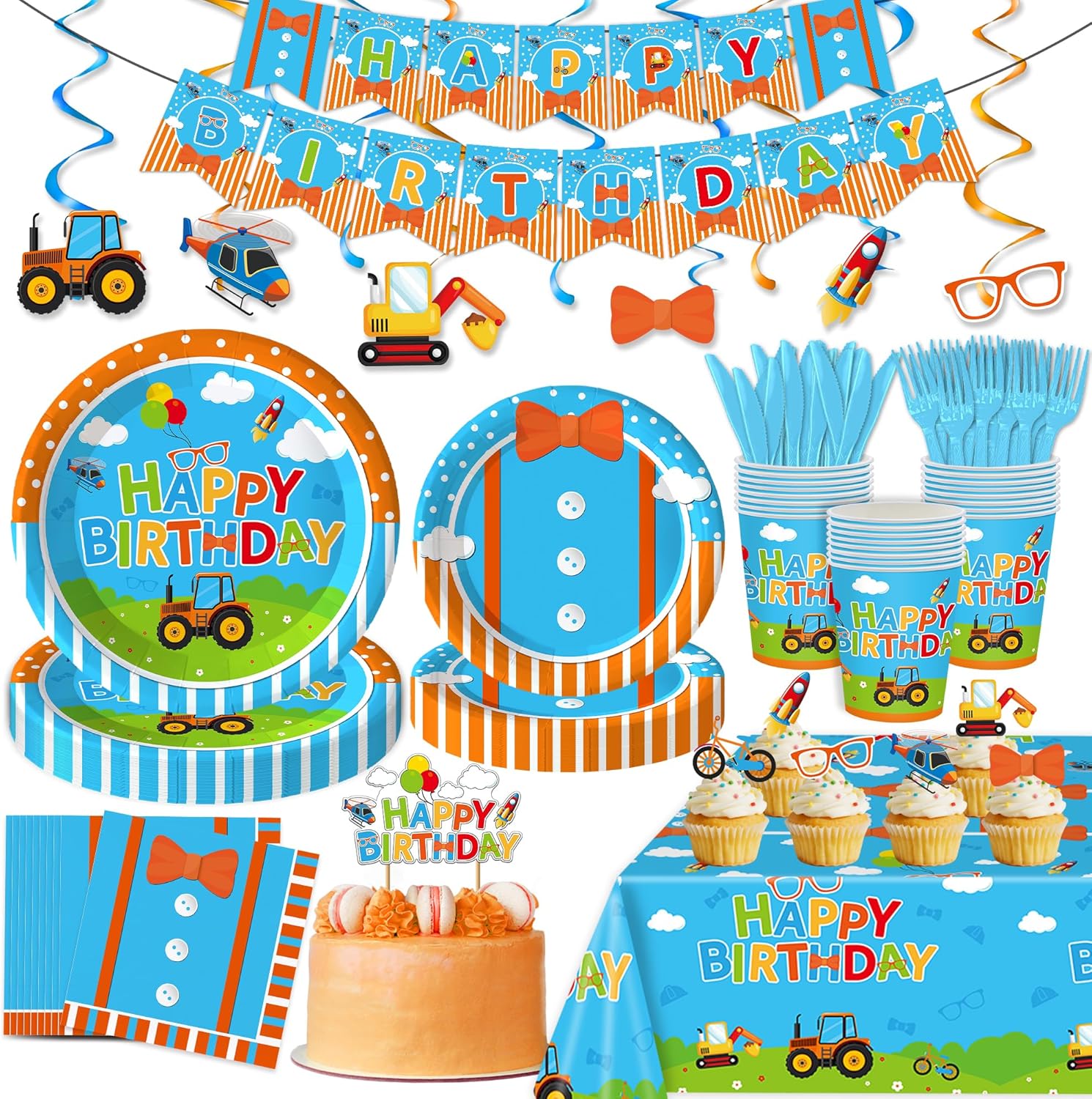 Cartoon English Teacher Birthday Party Supplies Blue and Orange Paper Plates and Napkins Tableware Decorations Set for Kids Birthday Party Supplies for 20 Guests