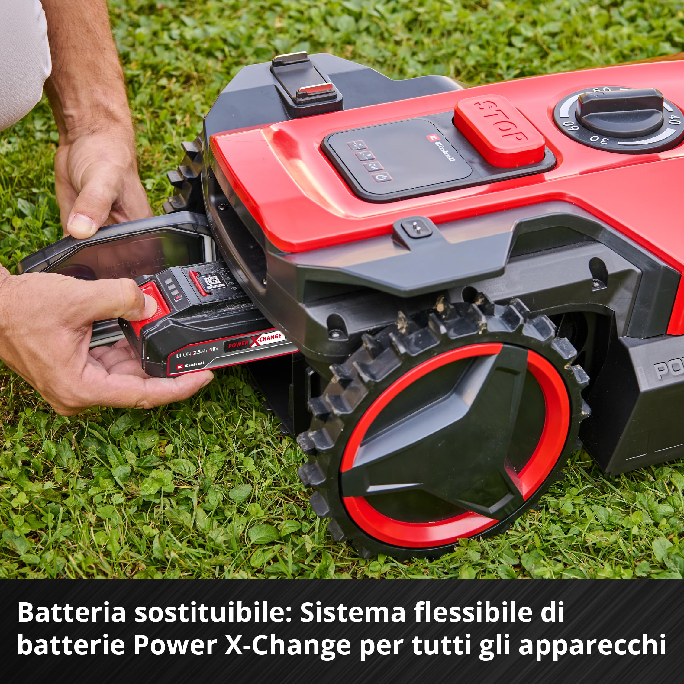 Tosaerba robotizzato Einhell FREELEXO 500 Power X-Change (18 V, controllo App, IPX5, aggiornamenti over-the-air via Wi-Fi, incl. set di installazione per 500 m² + 2,5 Ah Plus)
