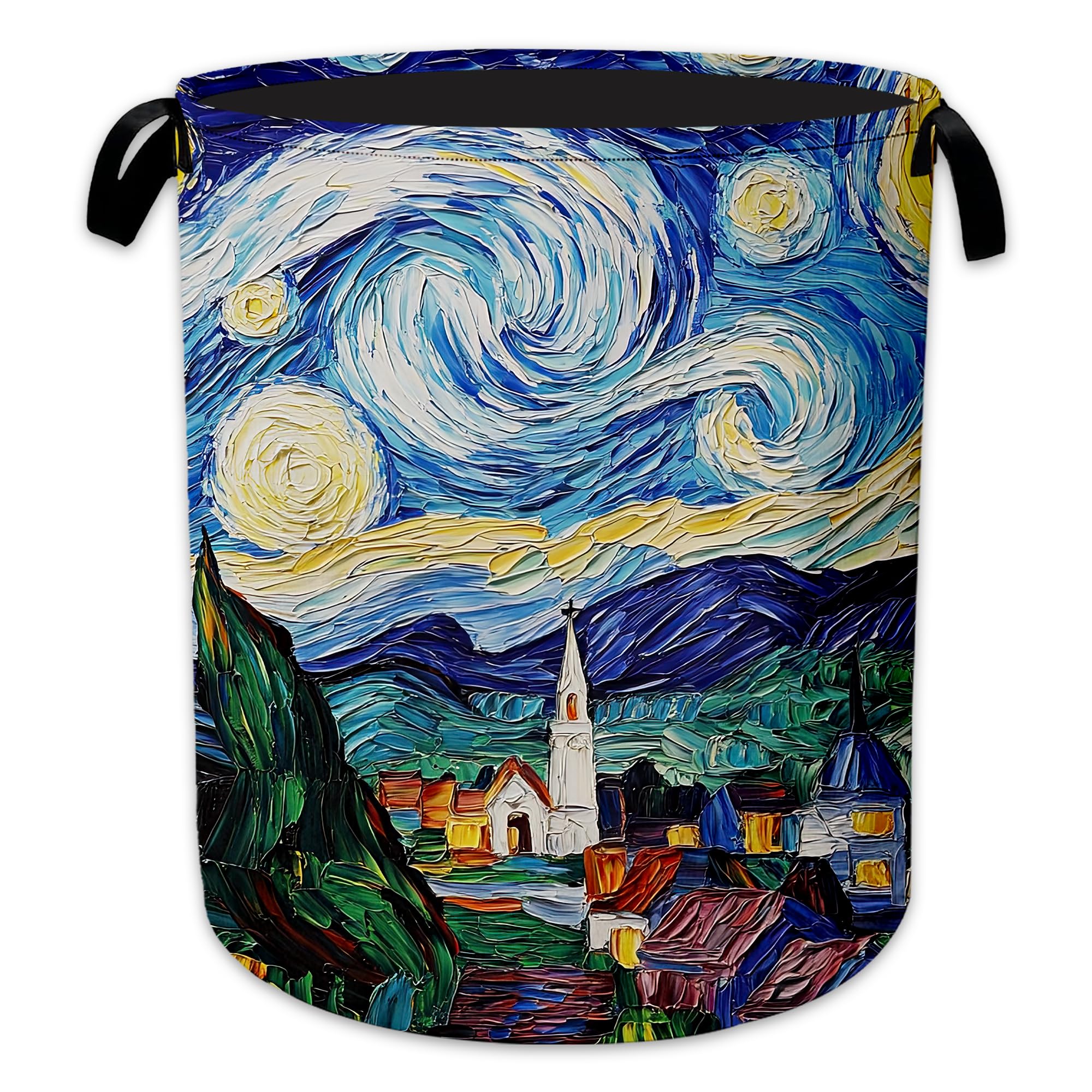 Starry Night Laundry Basket Oxford Cloth Village Laundry Hamper With Handle Foldable Portable Clothes Storage Basket Storage Bag For Laundry Room/Bathroom/Bedroom/Dormitory 20.8"x16"