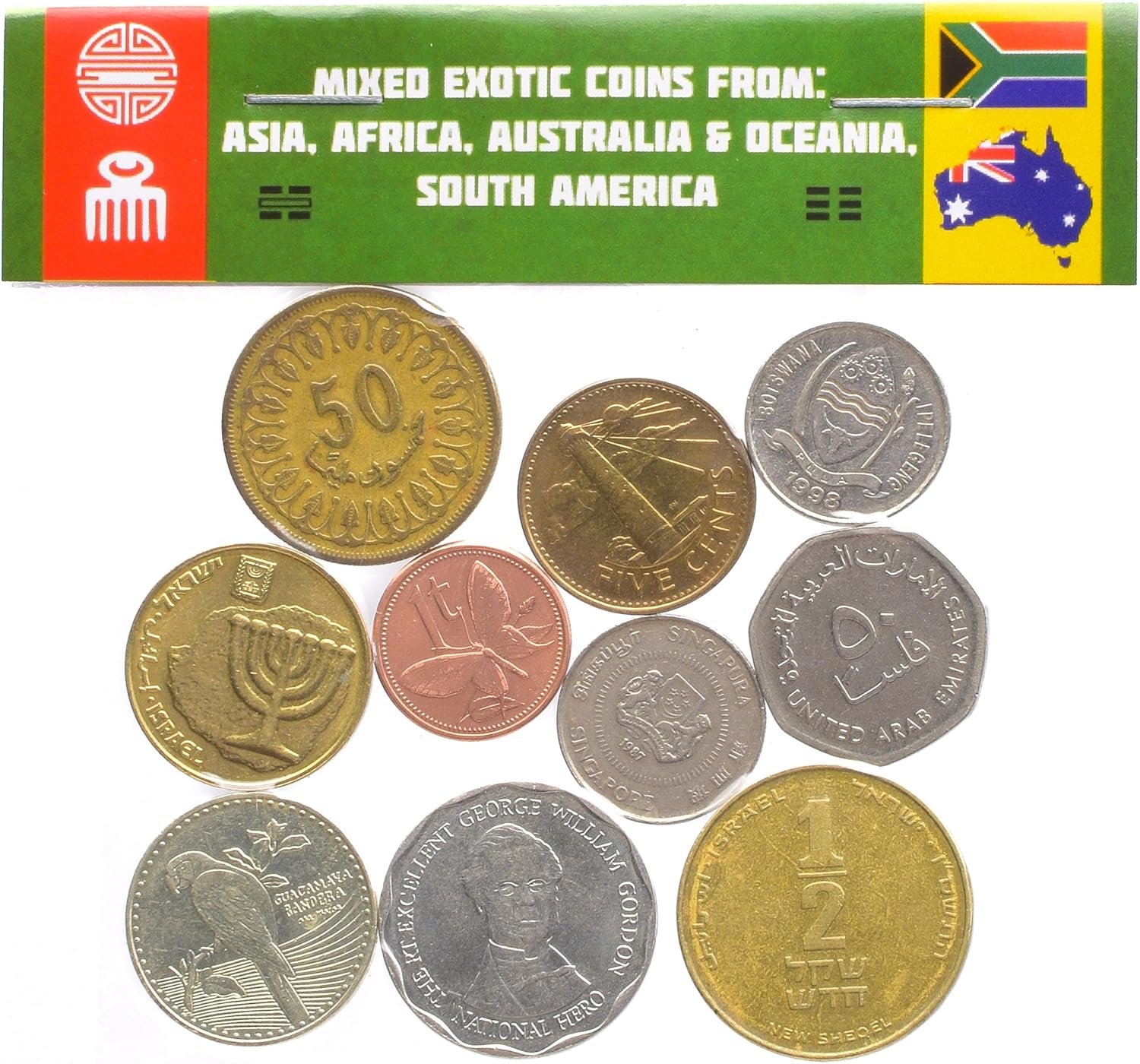 10 Exotic Coins from Asia, Middle East, Africa, Oceania, South America. Collectible Coins, Old Coins for Your Coin Album, Coin Bank or Coin Holders (10 coins) Thumbnail
