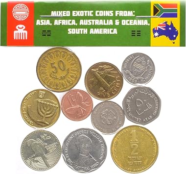 10 Exotic Novelty Coins from Asia, Middle East, Africa, Oceania, South America - Collectible Fantasy coins - Old Replica Tokens For Album, Banks or Holders