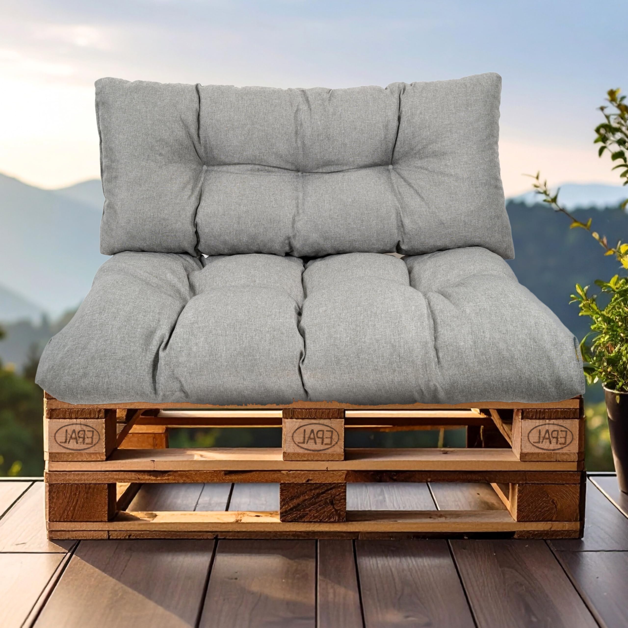 SLIPIO Pallet Cushions, Cushions for Europalettes, FÜLLPRO+ Filling, Weatherproof Pallet Upholstery (2-piece Set - 1x Back Cushion 120x40 cm + 1x Seat Cushion 120x80 cm - Grey)