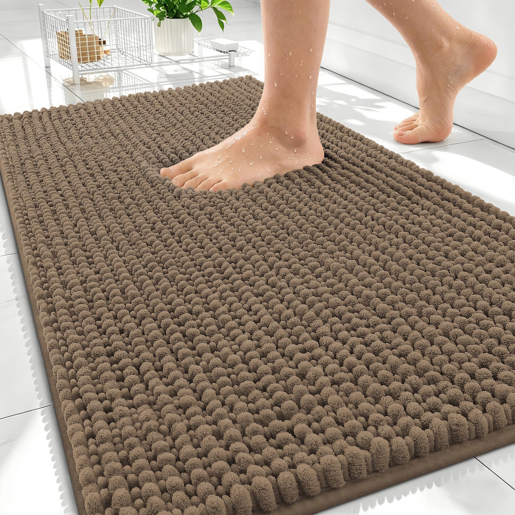OLANLY Thick Chenille Bathroom Rugs 30x20, Soft Absorbent Bath Mat, Tan