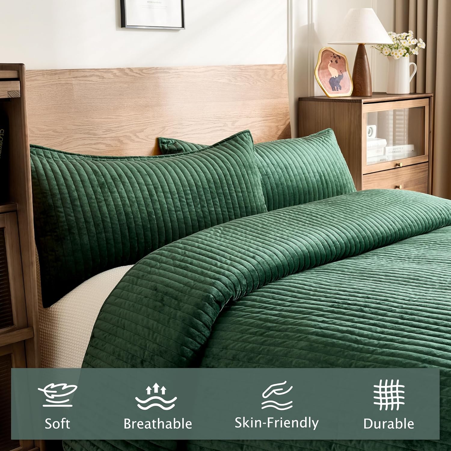 Luxury Velvet Quilt Set King Size 3 Pieces,Soft Cozy Oversized Striped Velvet Comforter Set with 2 Pillow Shams,Lightweight Coverlet Bedspread Bedding Set for All Seasons(Forest Green,96"x108") - Image 4